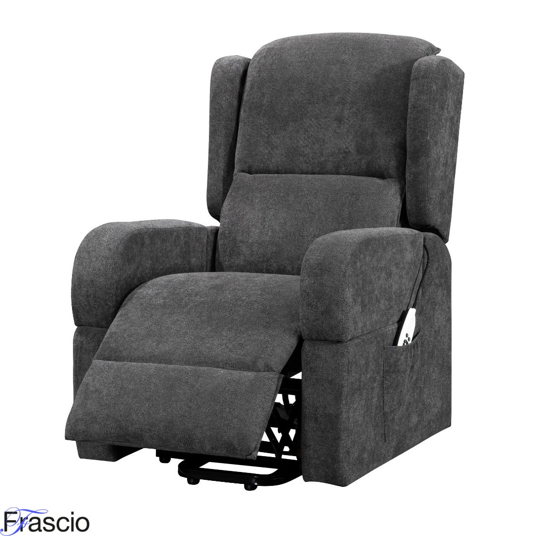 Sillón elevador reclinable de tela gris con mesa de centro y reposabrazosíbles - frascio