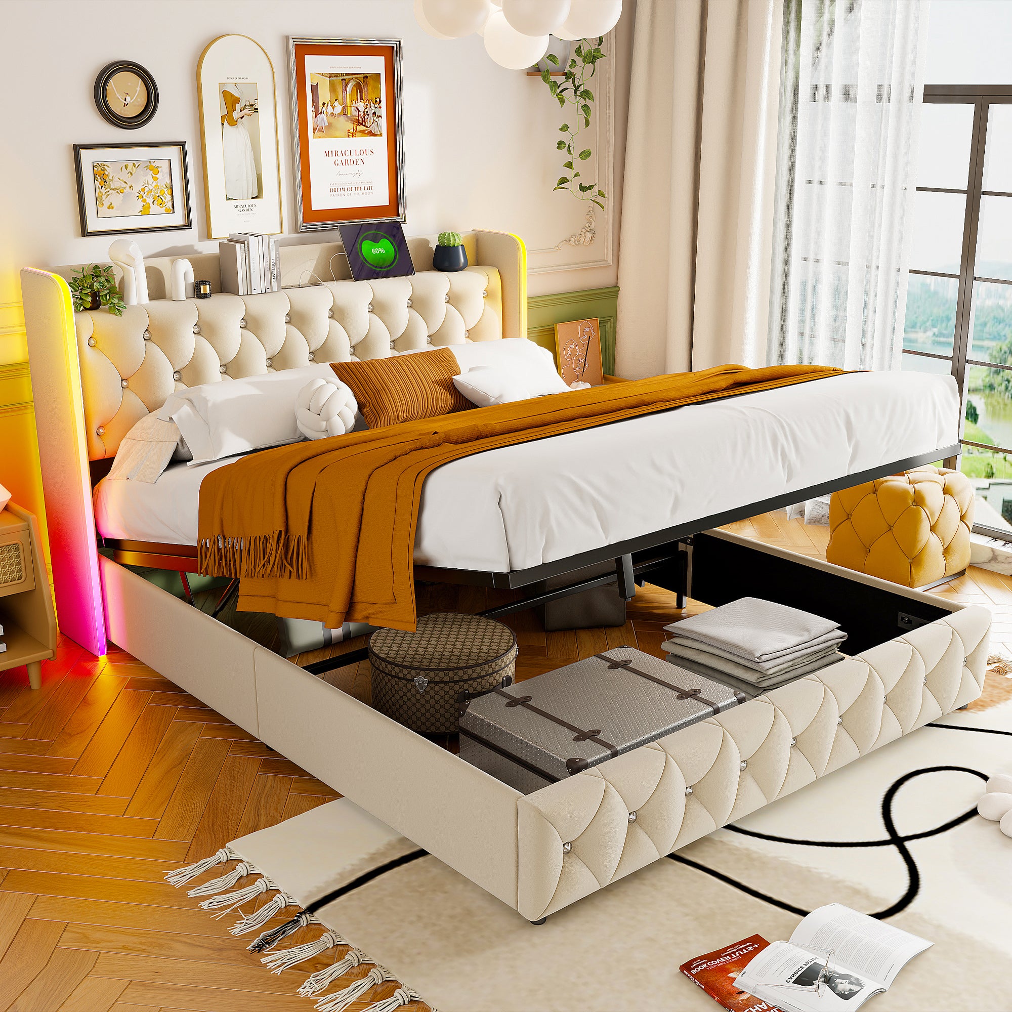 Lit coffre 160x200 cm avec LED, lit adulte avec USB et Type-C, lit ...