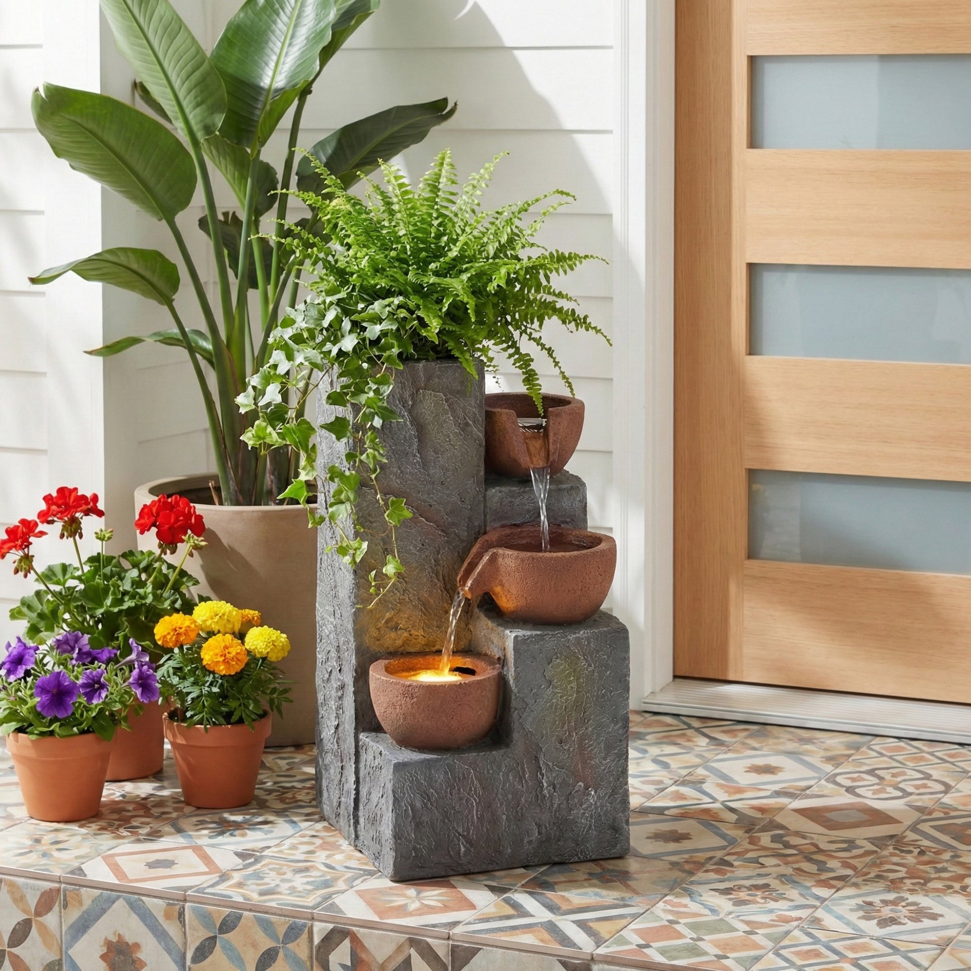 Fontanna ogrodowa z żywicy z 3-poziomowym wodospadem i oświetleniem LED - 27 x 26 x 31 cm - Zintegrowana pompa i doniczka - Szara