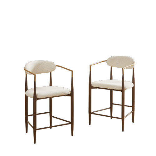 Lot de 2 tabourets de cuisine en tissu et métal marron, 2 sièges, beige avec dossier incurvé, accoudoirs, rembourrés - OKWISH - 9