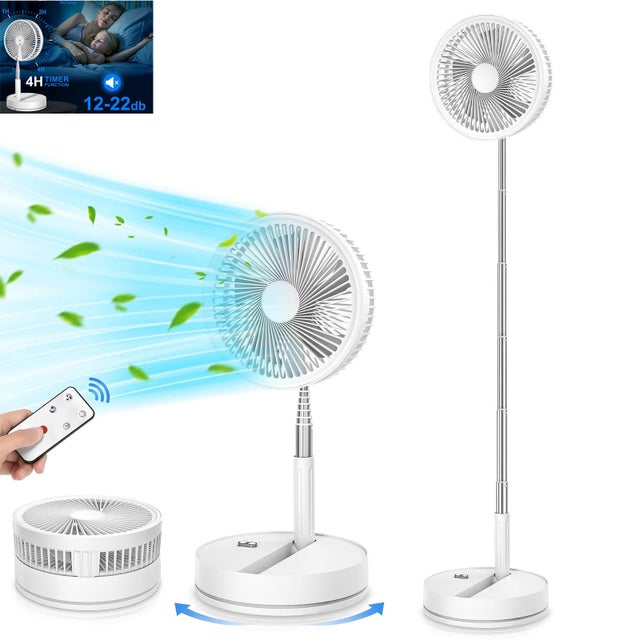 Ventilateur sur pied silencieux de 105 cm, ventilateur de bureau pliable, 4 vitesses de ventilation, minuterie, avec télécommande, rechargeable, blanc