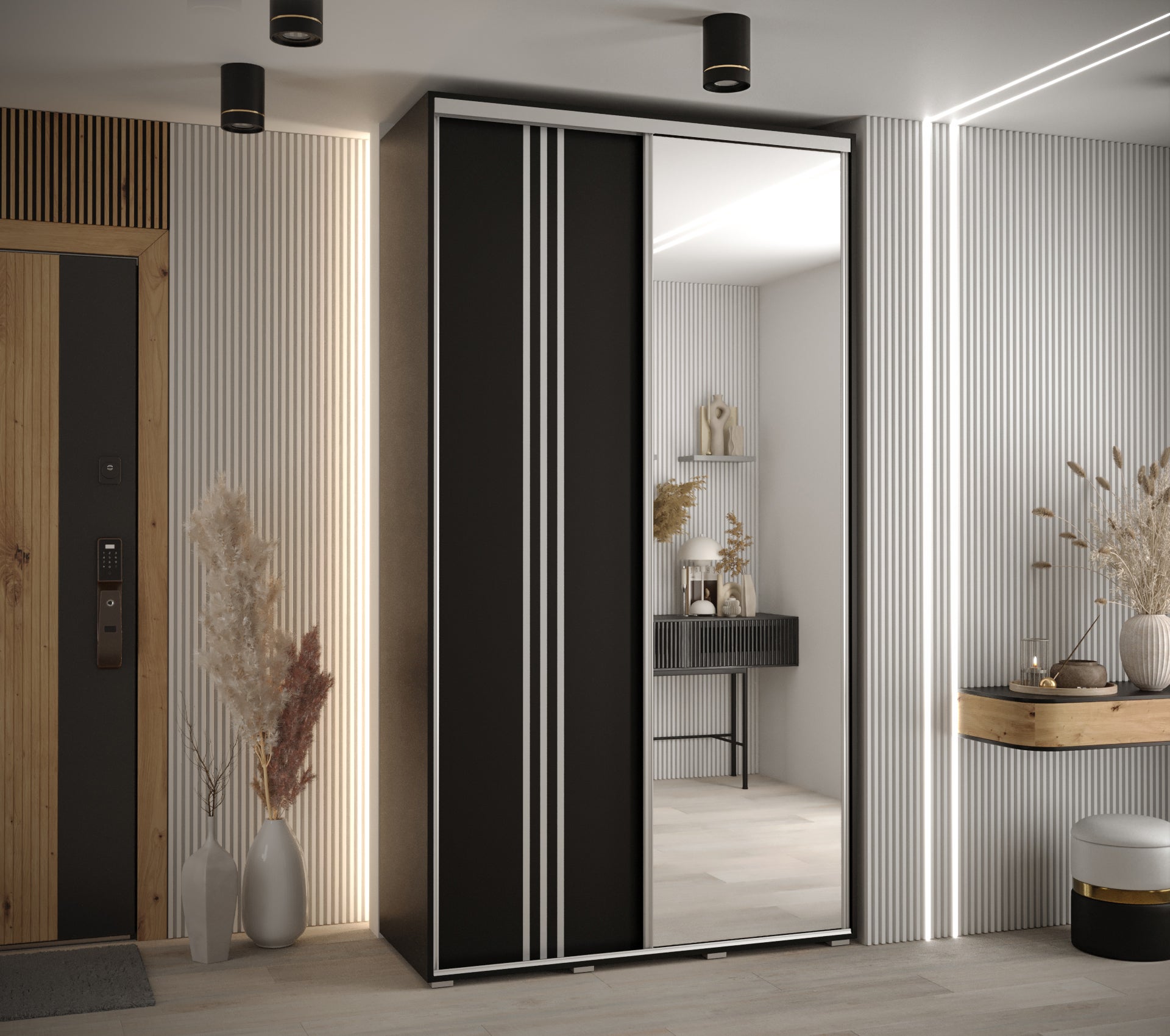 Szafa przesuwna z lustrem wysoka Davos 7 140 x 60 x 235,2 cm czarny + czarny + u. srebrny - Abiks Meble - 2