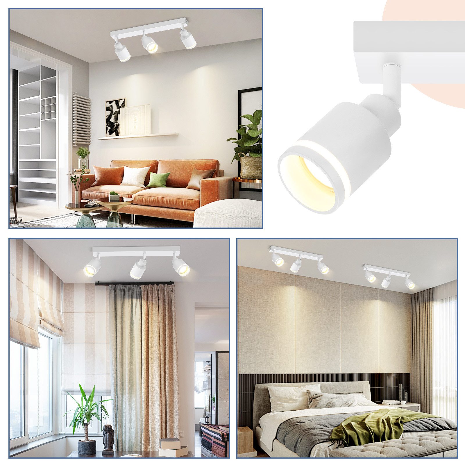 NETTLIFE Lámpara de Techo Blanca Moderna: Lámpara de Techo GU10 con 3 Focos Metálicos Regulables para Dormitorio Comedor sin Bombilla - 7