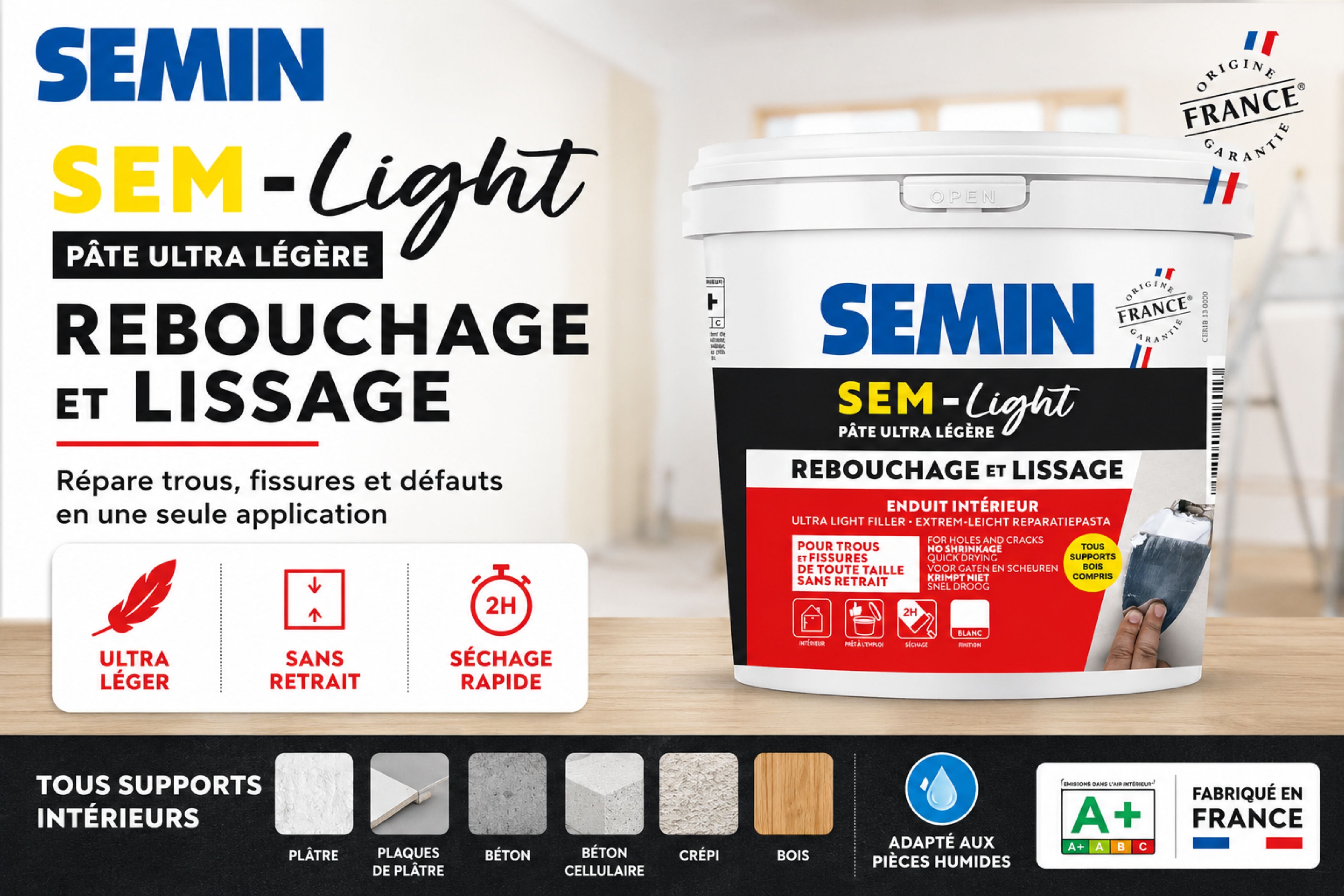 Enduit de Rebouchage Allégé pour Trous et Fissures Importants, Sem-Light Semin, Intérieur, Seau de 10 L - 2