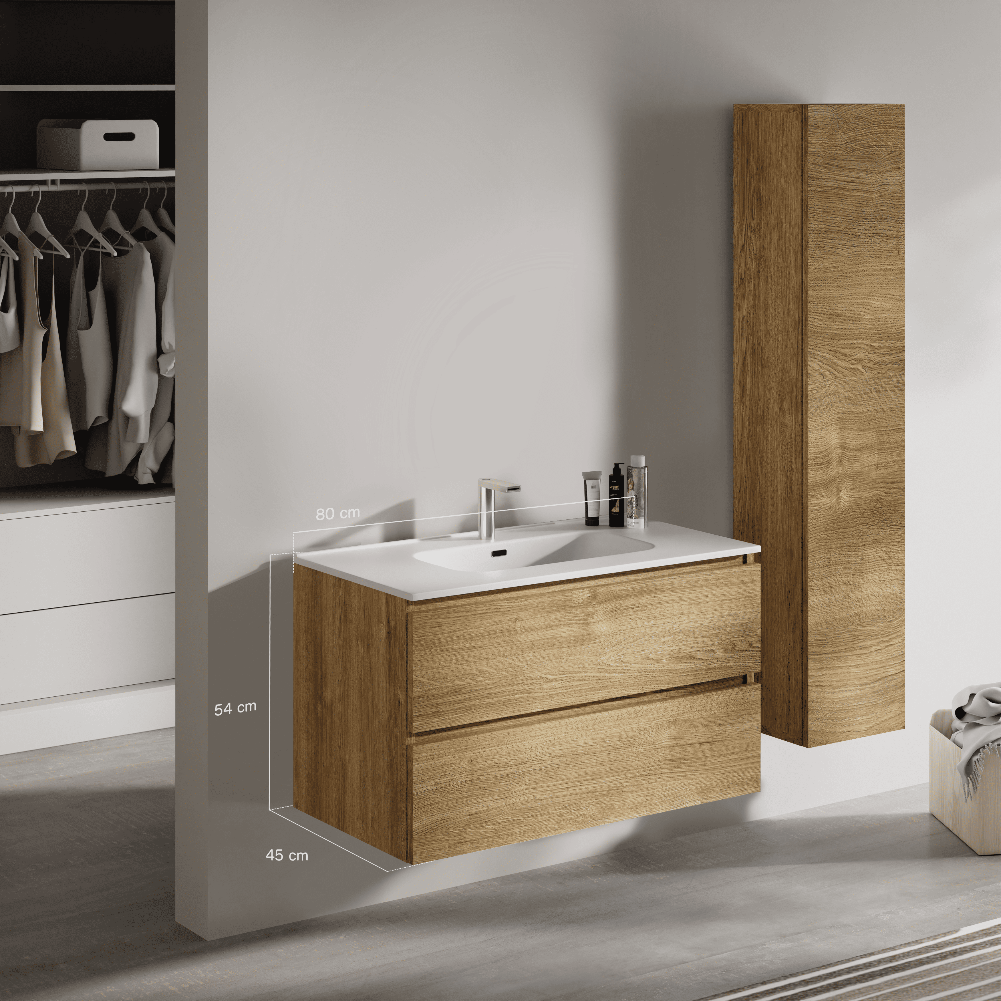 Feel Your Bath, Meuble Salle de Bain Couleur Bois 80cm avec Vasque en Céramique Blanc Brillant – Élégant et Facile à Poser - 3