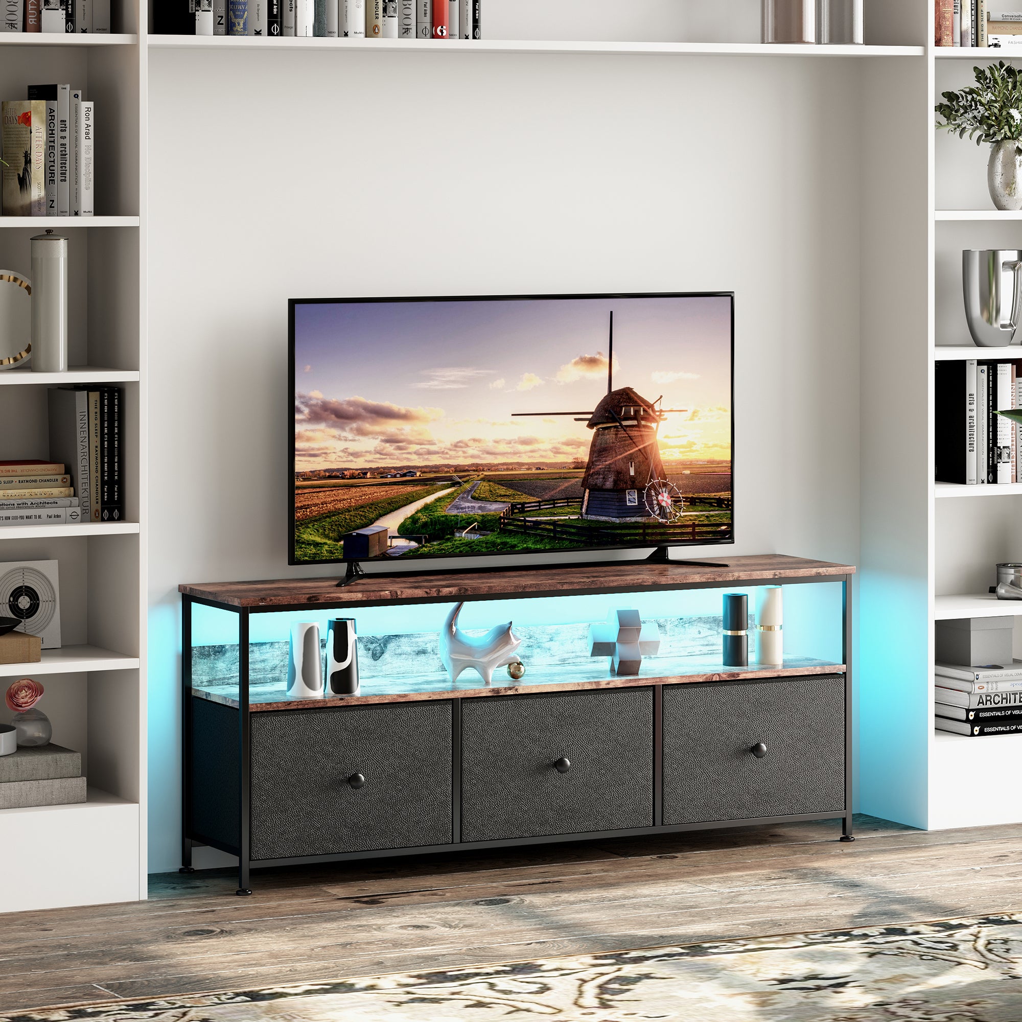 Meuble TV 137 CM avec lumières LED 3 tiroirs Panneau de particules et Pieds de table en métal Hauteur réglable PU noir - 4