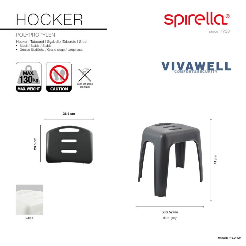 Tabouret grand siège de douche HOCKER Blanc - Max 130kg Spirella - 5