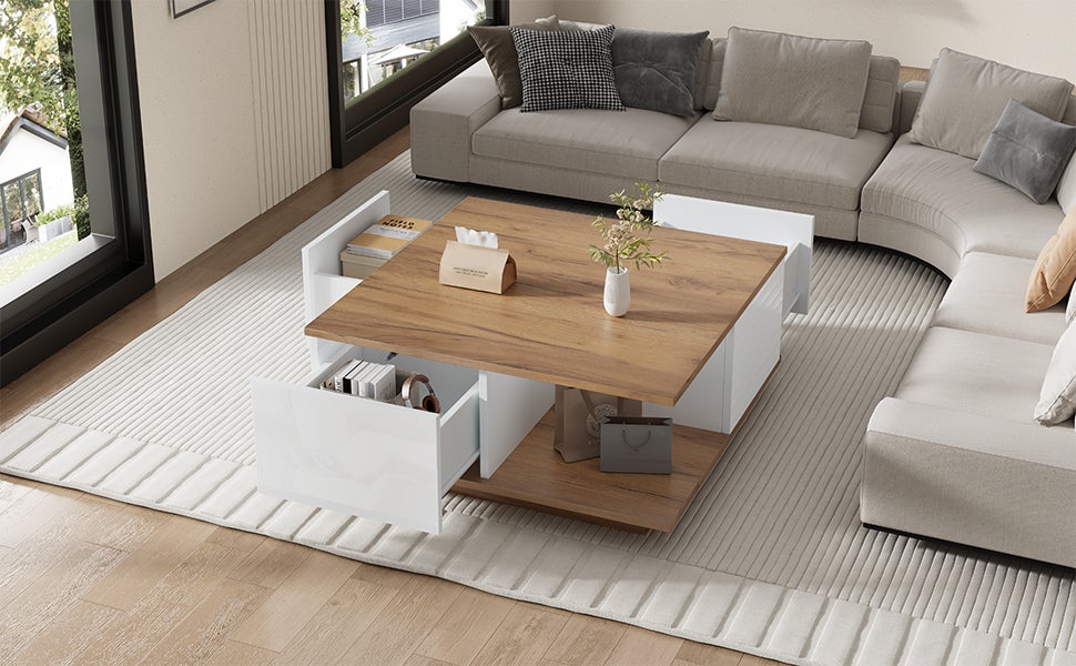 Stolik kawowy kwadratowy z 3 szufladami, stolik pomocniczy - 70 x 70 x 31,5 cm - diody LED - płyta wiórowa - kolor biały i orzechowy - 6