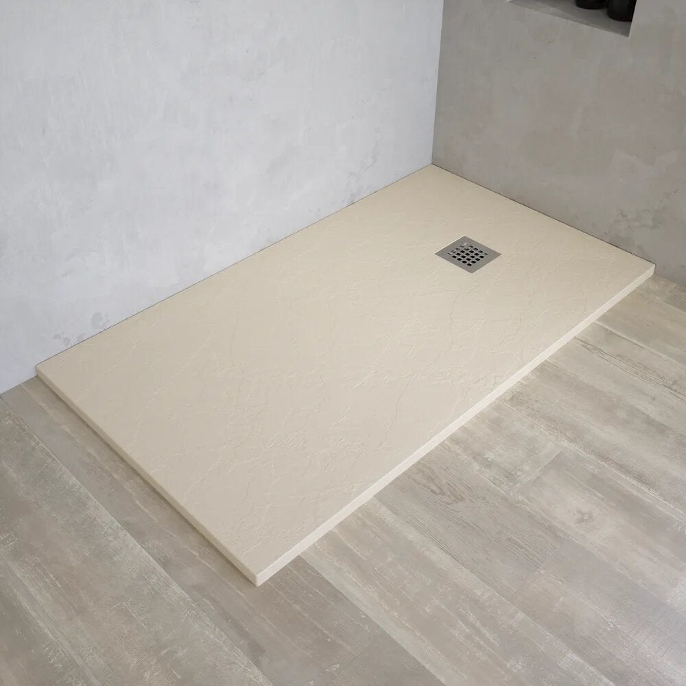 Plato de ducha rectangular de 70 x 180 cm en marmoresina marfil con efecto piedra, h3 cm | milos