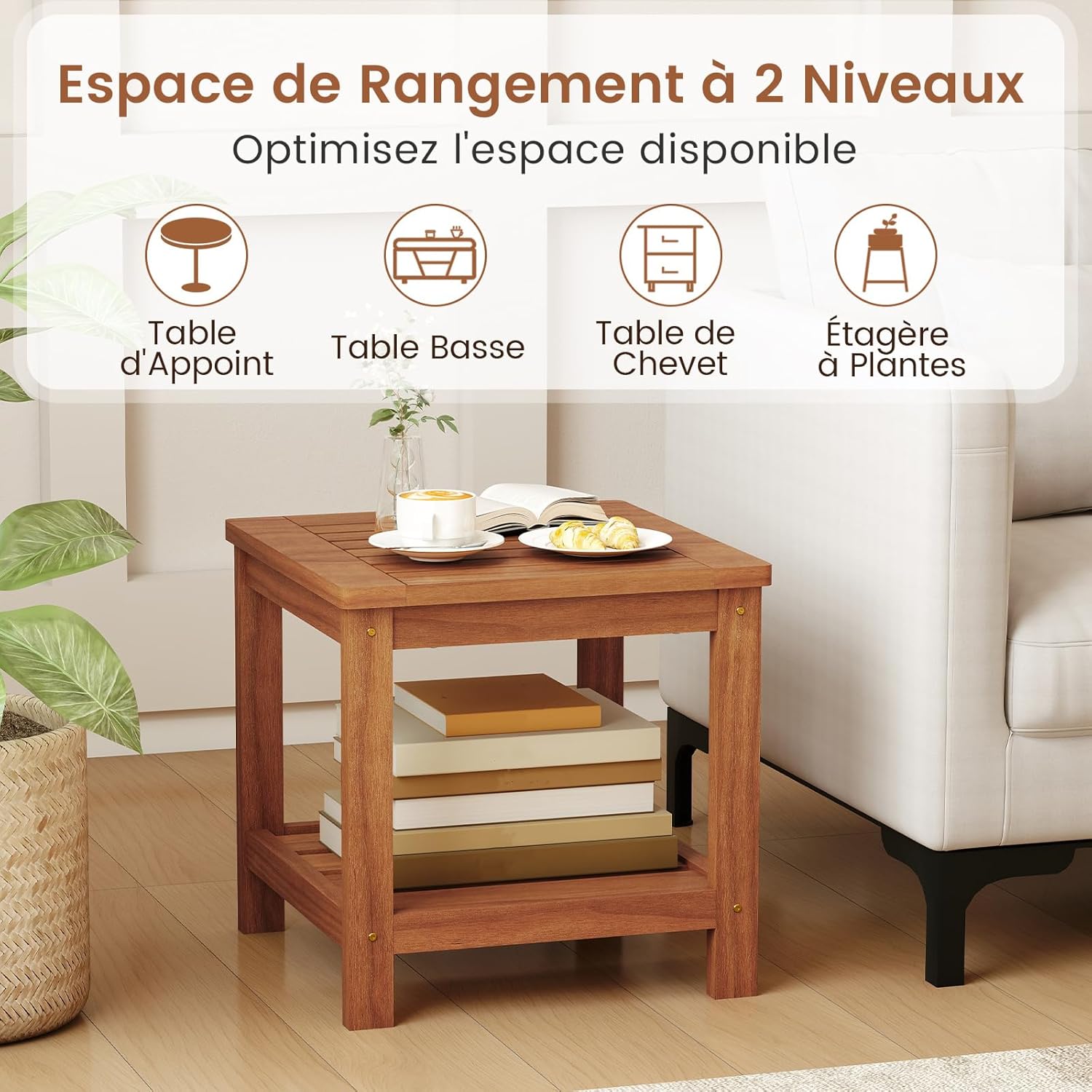 GIANTEX Table d’Appoint Extérieure en Bois à 2 Niveaux,Table Basse de Jardin Étagère de Rangement,Petite Table de Bistrot pour Patio Maison - 6