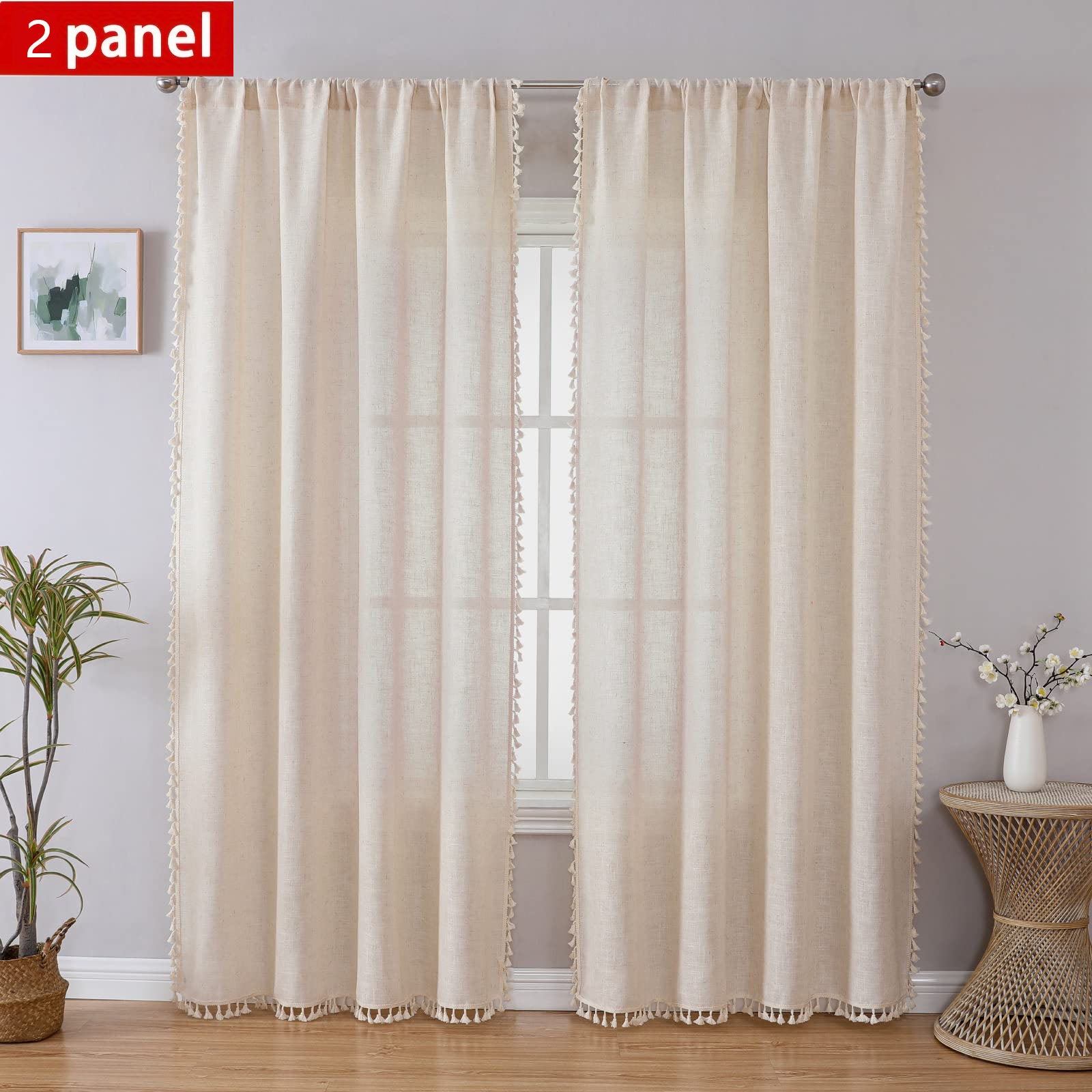 Rideaux En Lin Et Polyester 300x260 Cm - Semi-transparents, Beige Naturel, Avec Ruban à Volants, Pour Salon, Chambre, Système Rail