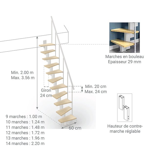 Escalier droit 11 marches - Hauteur à franchir de 2.40 à 2.84m - Largeur 60cm - Couleur bois et blanc - SMALL60/I-SBNAT-11 - 2