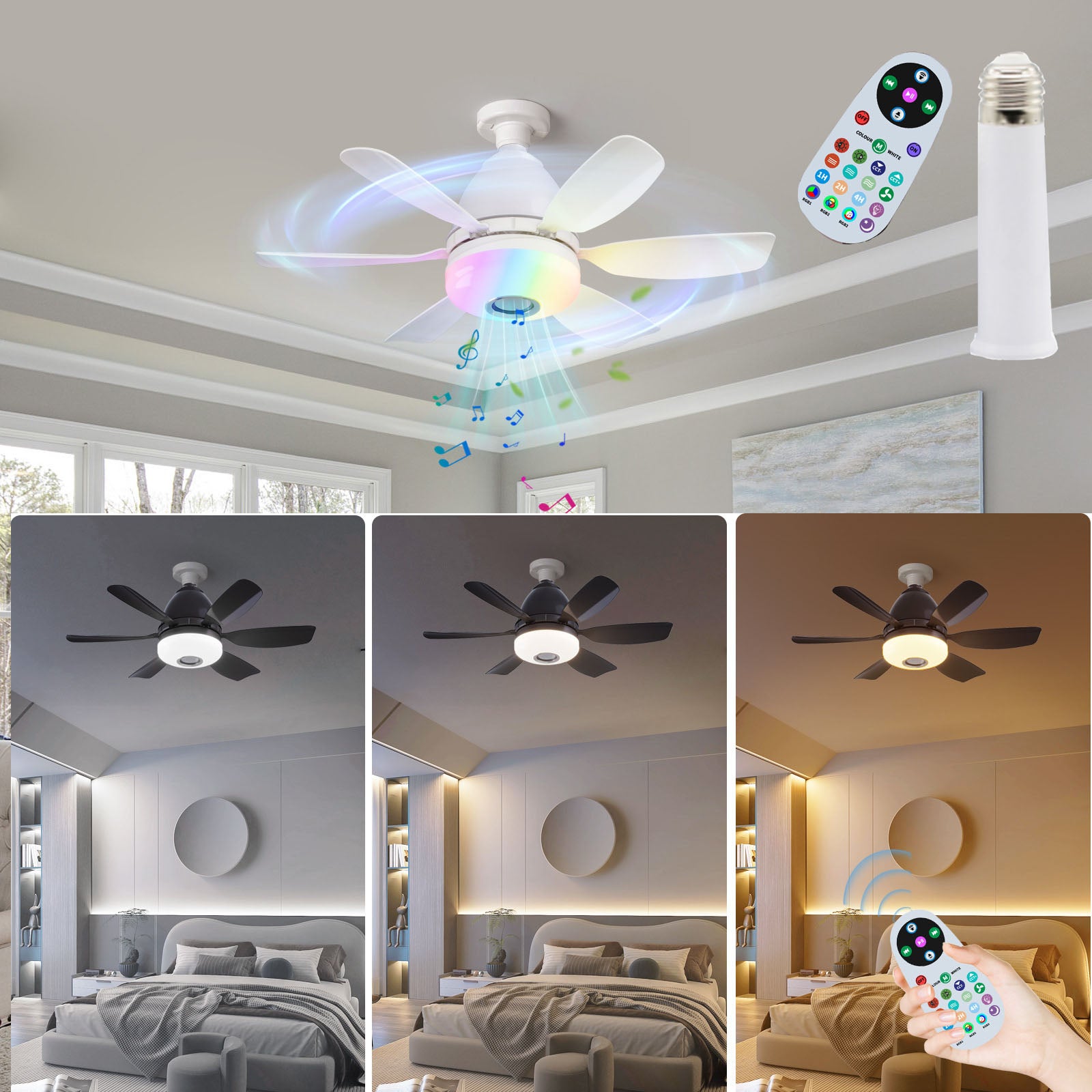 Wentylator sufitowy RGB z oświetleniem, z drążkiem przedłużającym, regulowaną prędkością, timerem, funkcją muzyki, trójkolorową zmianą światła, biały