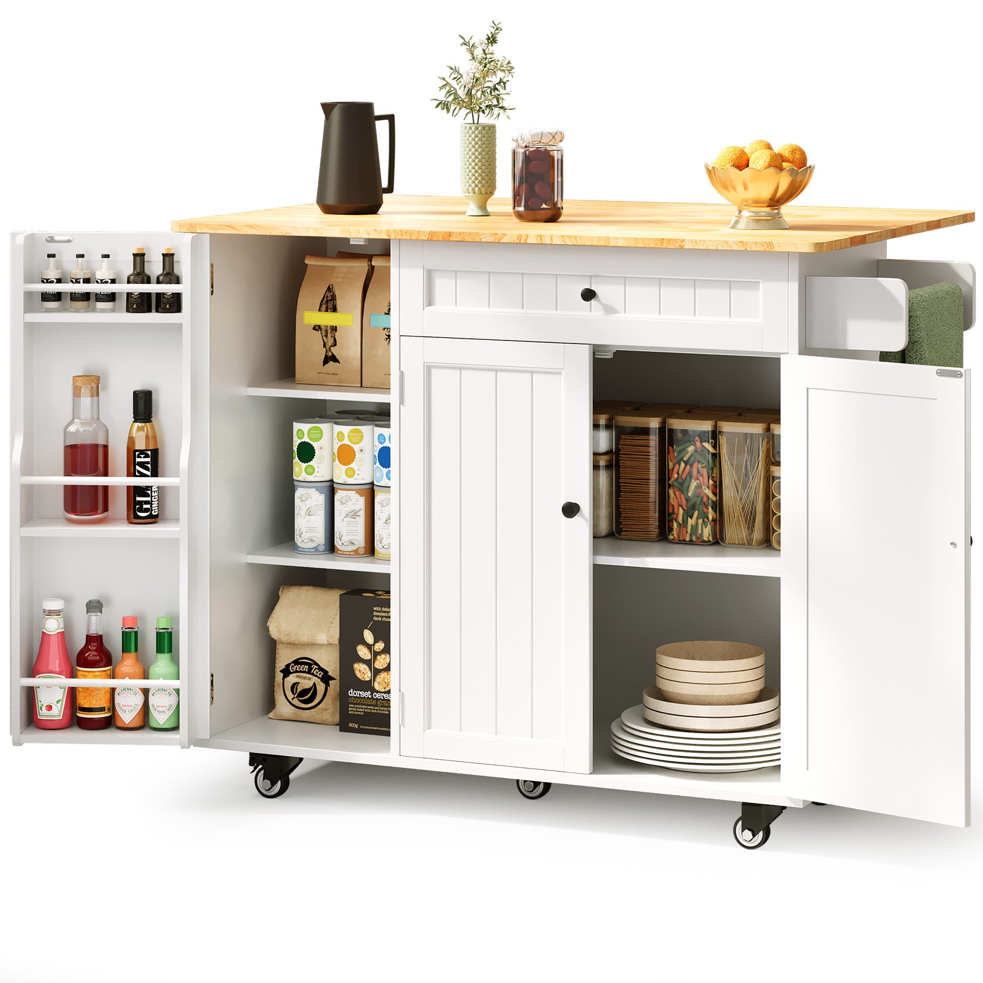 Mobilna wyspa kuchenna z 3 drzwiami i 1 szufladą, blat rozsuwany 130x45(75)x88 cm, MDF biały i naturalny, Bealife