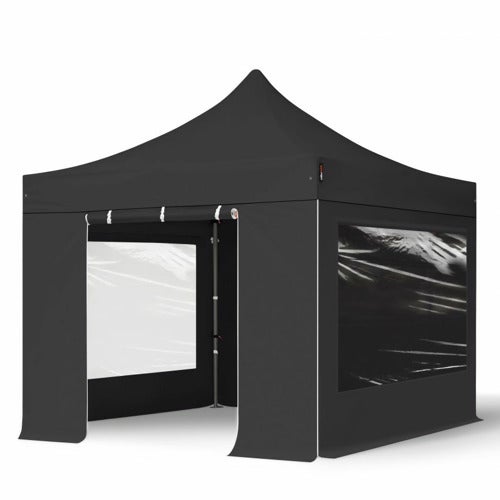 3x3 m gazebo pieghevole PVC ignifugo con 4 laterali (finestre panoramiche), PREMIUM acciaio, nero