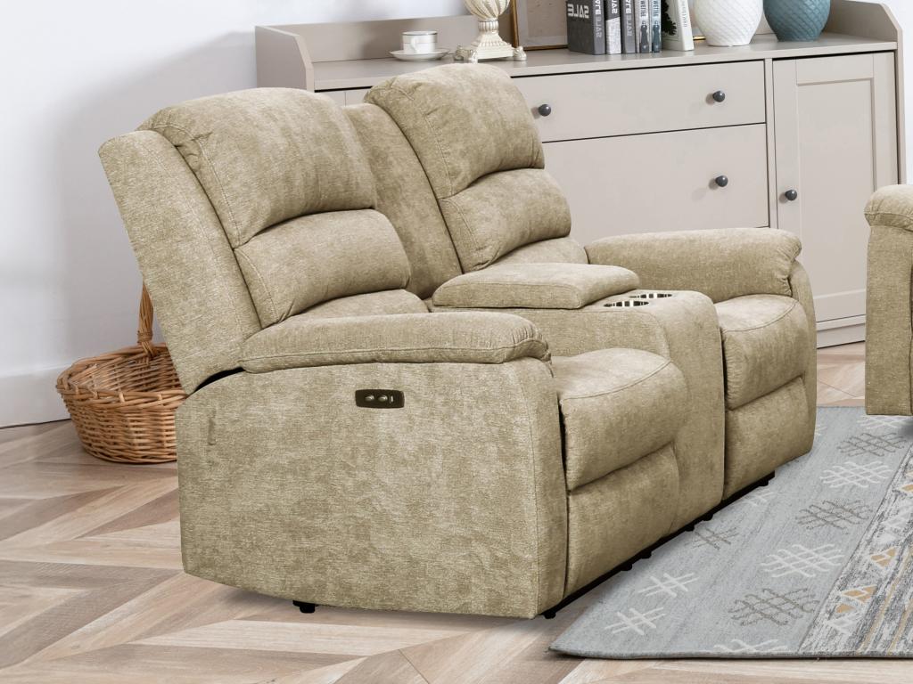 Canapé 2 Places Relax électrique NEVERS - Tissu Taupe - Avec Tablette & Ports USB - 171x95x103 Cm - 2