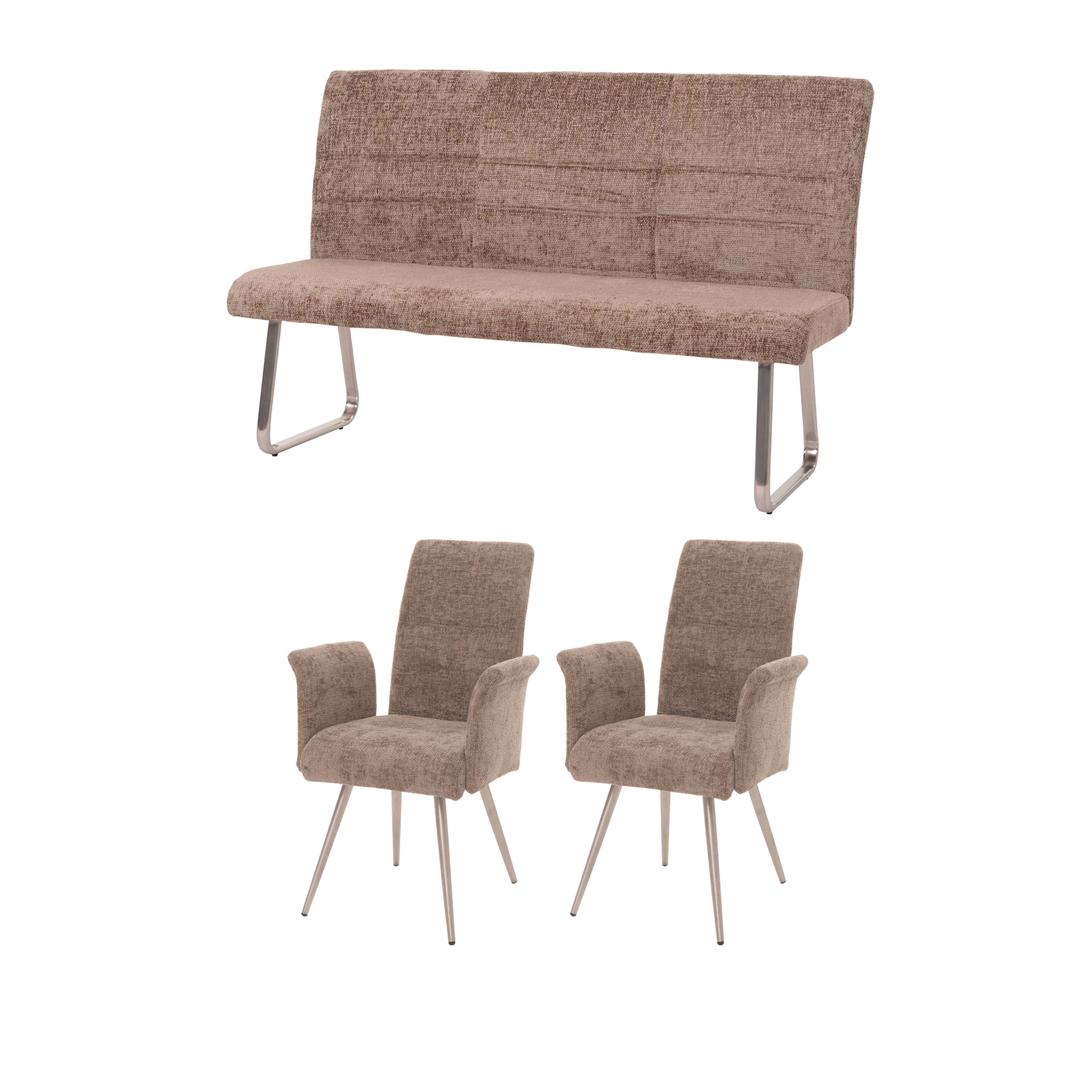 Zestaw do jadalni HWC-G55, zestaw 2 krzeseł z podłokietnikami + ława 160cm, stal nierdzewna szczotkowana tkanina/tkanina szenilowa ~ brązowy