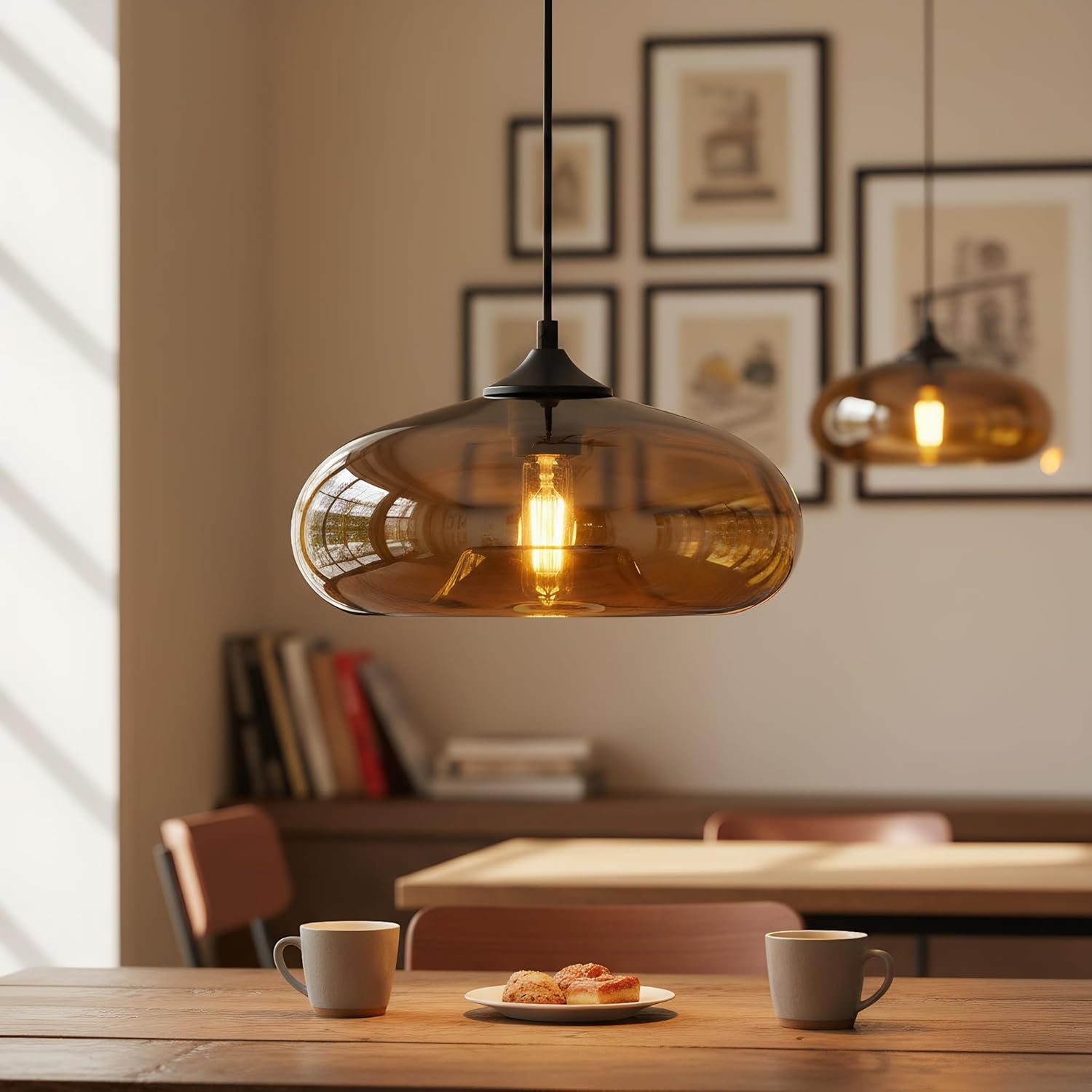 Suspension Luminaire Industriel Vintage avec Abat-Jour en Verre Soufflé 28cm - Lampe Suspendue Plafond E27 pour Salon & Salle à Manger (marron) - 3
