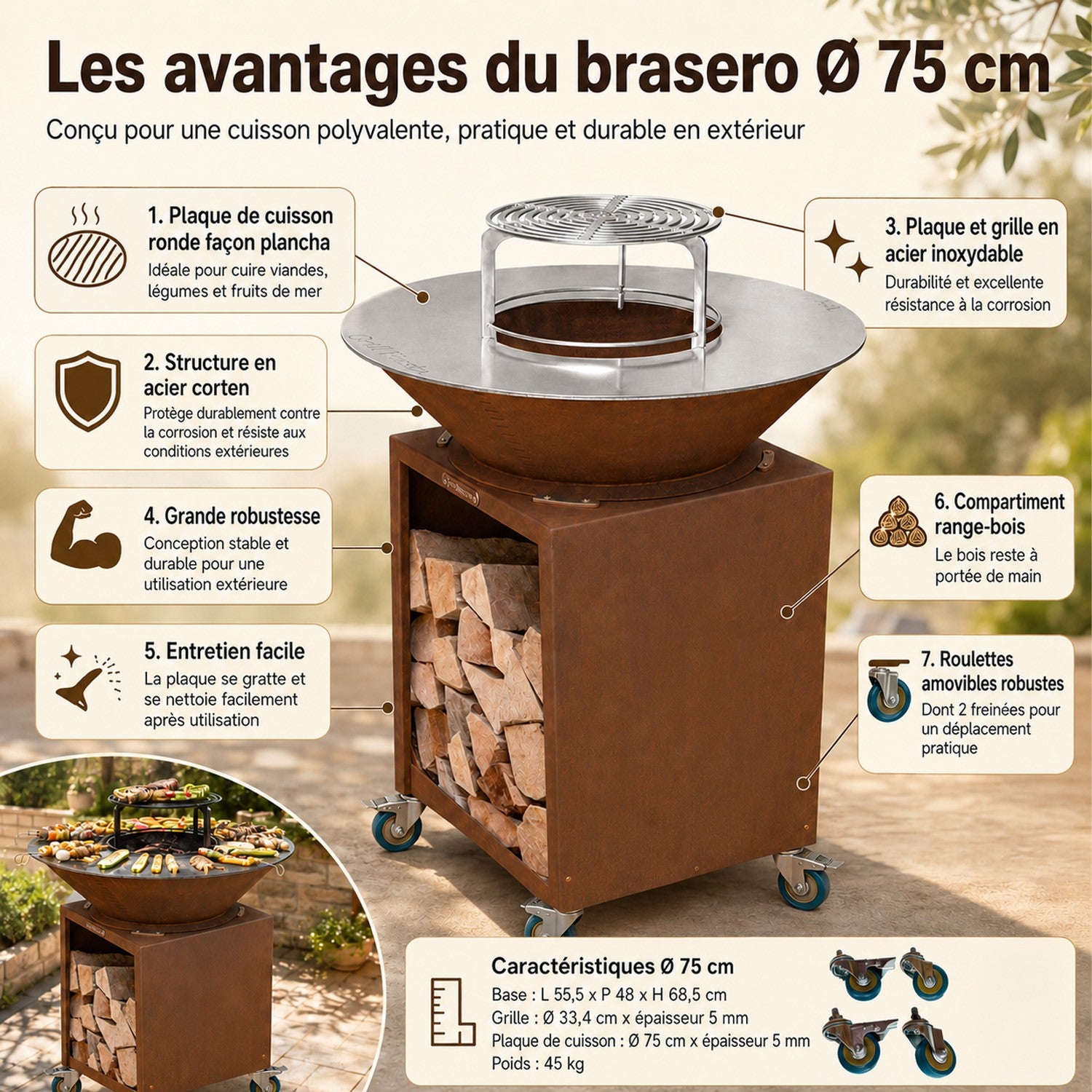 FIESTA Brasero haut acier corten avec plaque et grille amovible inox barbecue plancha extérieur Ø 75 cm - 2