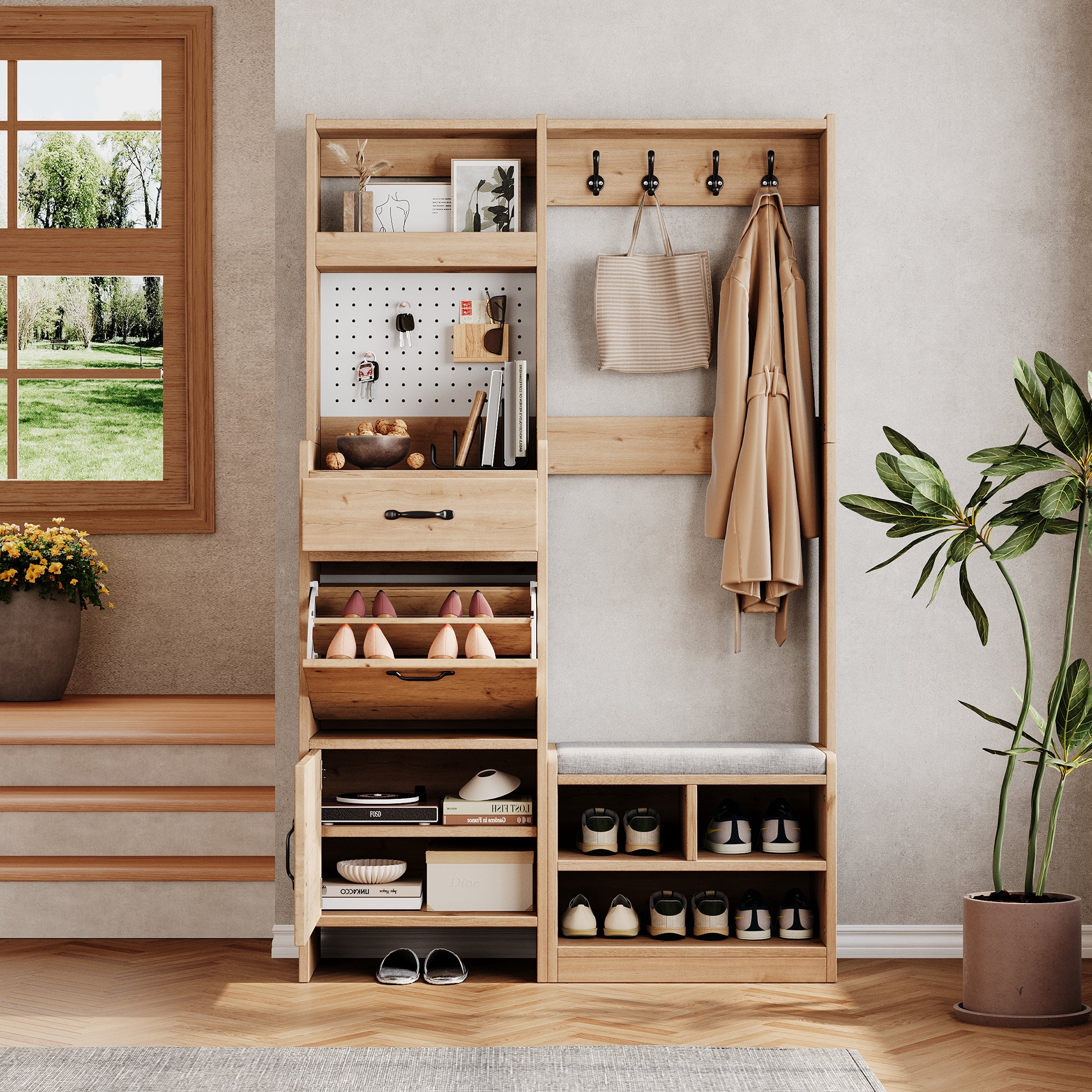 Zestaw szafek na buty z ławką, 4 wieszakami, 1 szufladą i 2 drzwiami - szer. 108,5 x gł. 35 x wys. 180 cm - Płyta wiórowa - Naturalna
