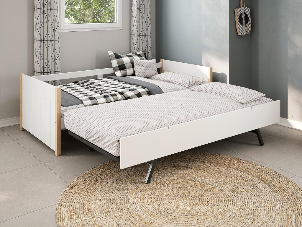 Letto singolo 90x190 bianco ed effetto rovere cannettato con letto estraibile - Echo