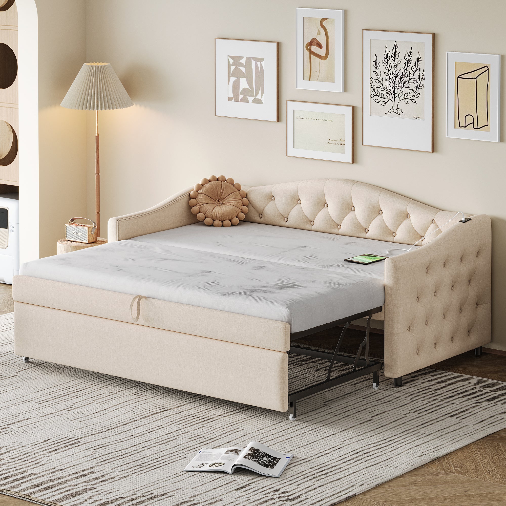 Canapé-lit Extensible 90/180x200 Cm En Velours Beige - Lit Gigogne, Rembourré, Sans Matelas