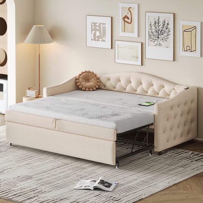 Canapé-lit Extensible 90/180x200 Cm En Velours Beige - Lit Gigogne, Rembourré, Sans Matelas