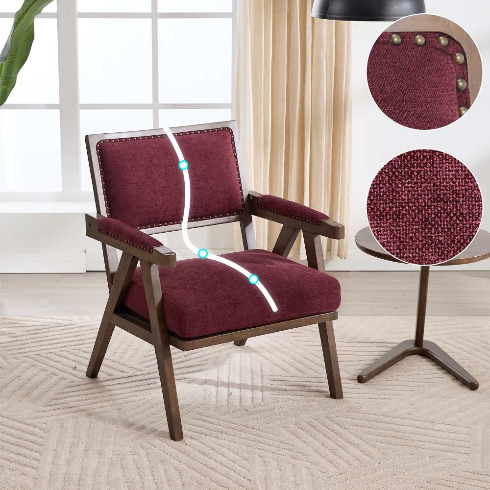 Fotel wypoczynkowy z tkaniny w stylu Mid-Century Modern z podłokietnikami i drewnianą ramą do salonu, sypialni, biura