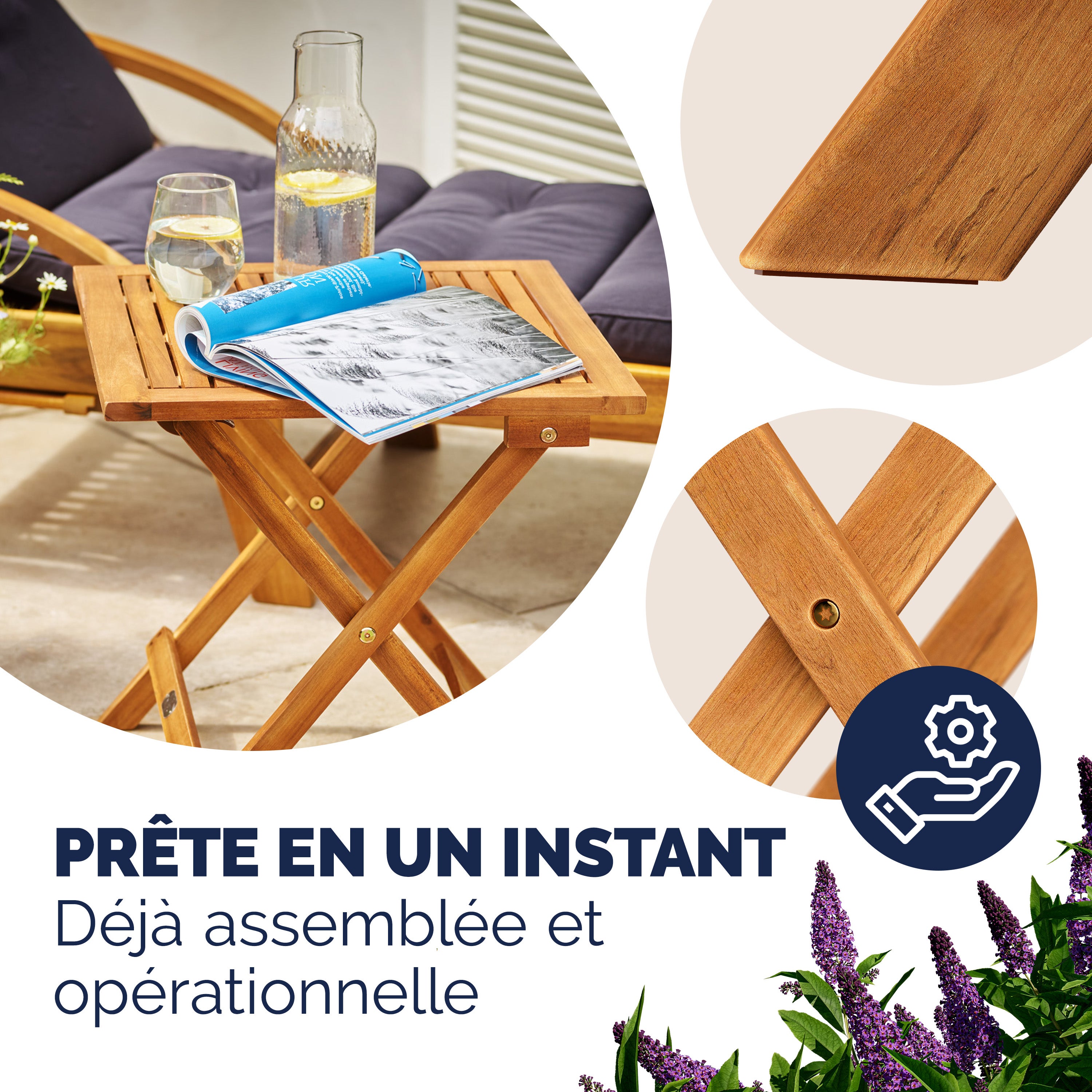 CASARIA® Table basse pliante en bois d'acacia 46x46cm Table d'appoint pliable pour jardin terrasse Intérieur extérieur - 7