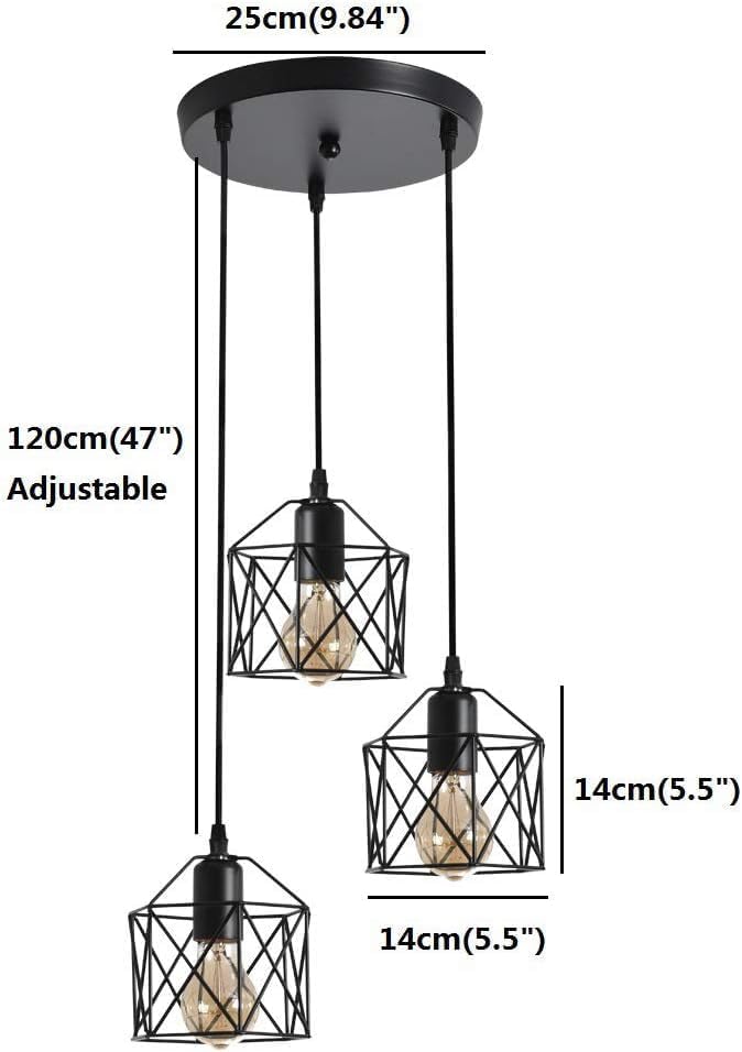 COMELY Suspension Industrielle Noire 3 Lumières E27, Lustre Cage Métal Vintage Hauteur Réglable 1,5 m pour Salon Salle à Manger Cuisine - 2