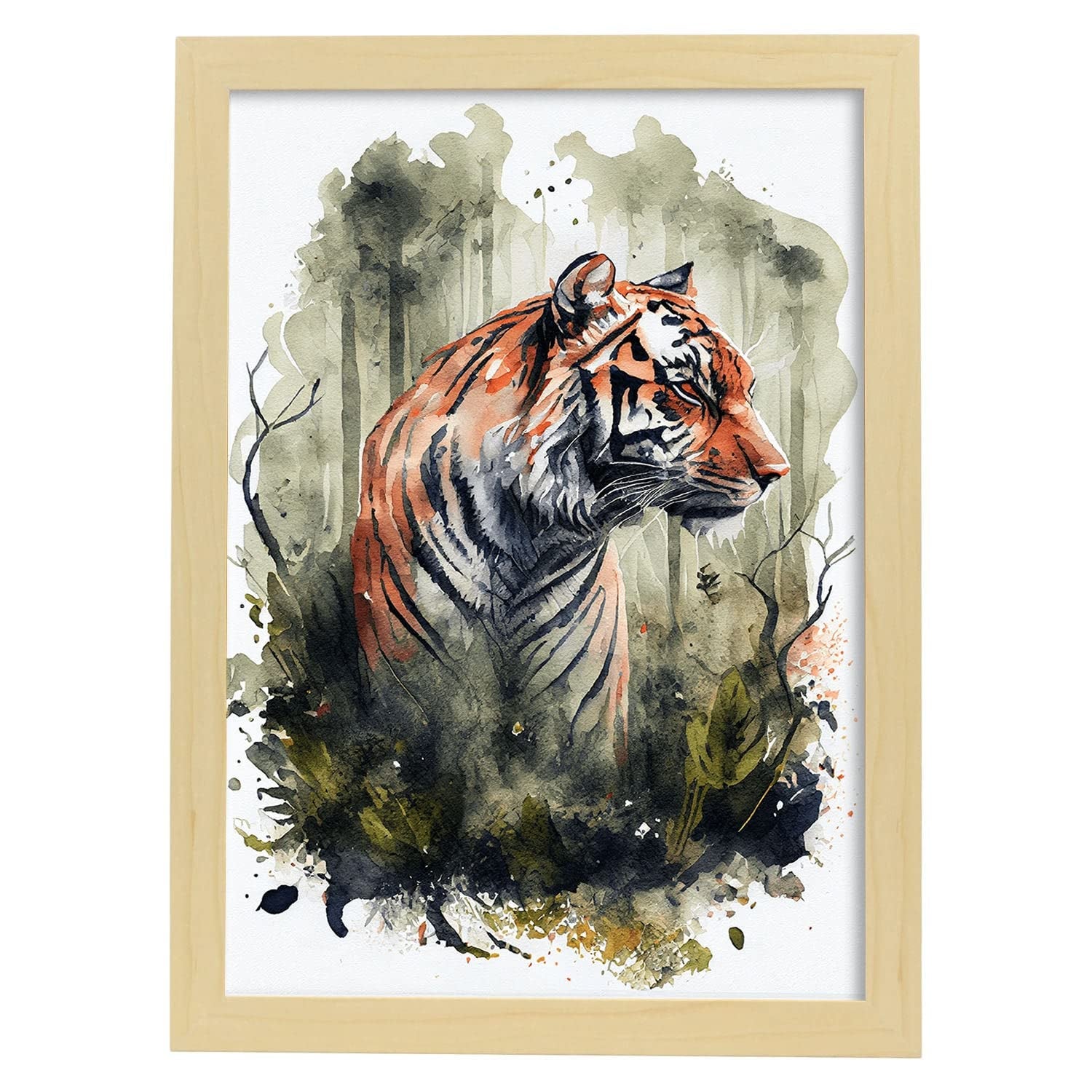Nacnic poster de tigre en estilo acuarela ilustraciones a todo color de animales salvajes en la naturaleza y modelo 1 a3 con marco de madera clara