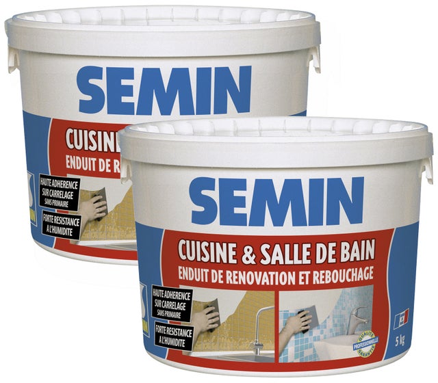 Lot de 2 enduits de rebouchage et rénovation spécial cuisine et salle de bain Semin - adapté aux pièces humides - seau de 5 kg