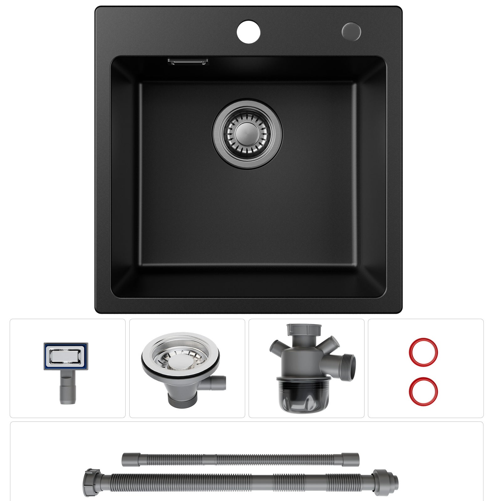 Fregadero de cocina de granito negro de 45x45 cm, fregadero sobre encimera, 1 cuenco kit vaciado