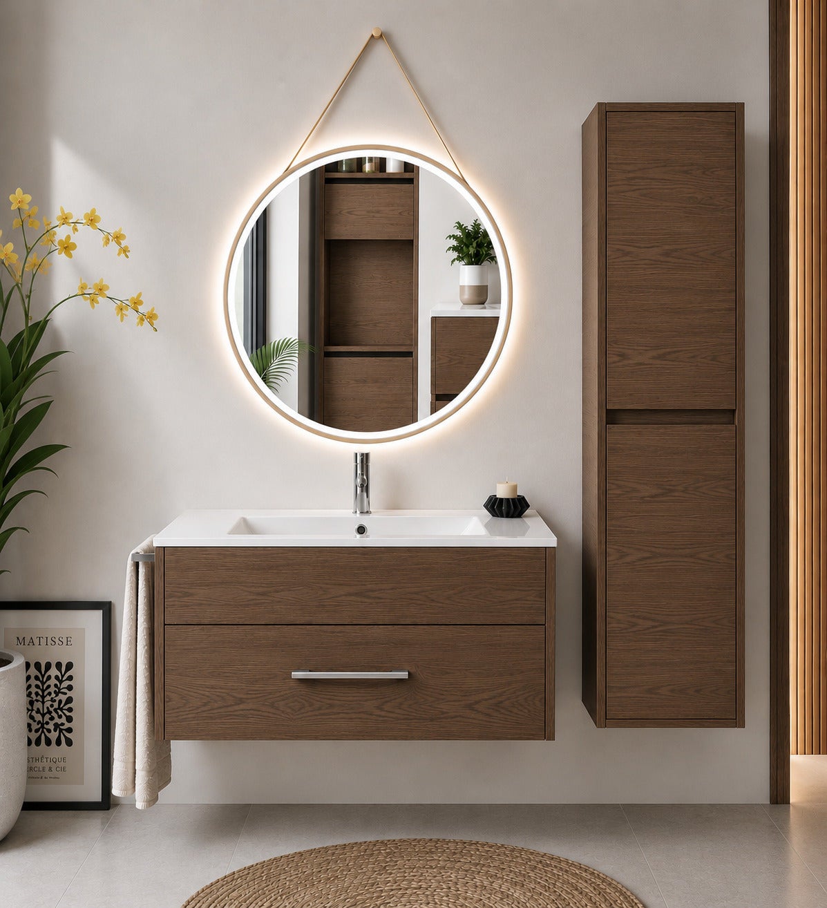 Mobilier de baie cu lavoar ORIGENBATH FLORENCIA fără oglindă 70x45 cm frasin tea cu coloană