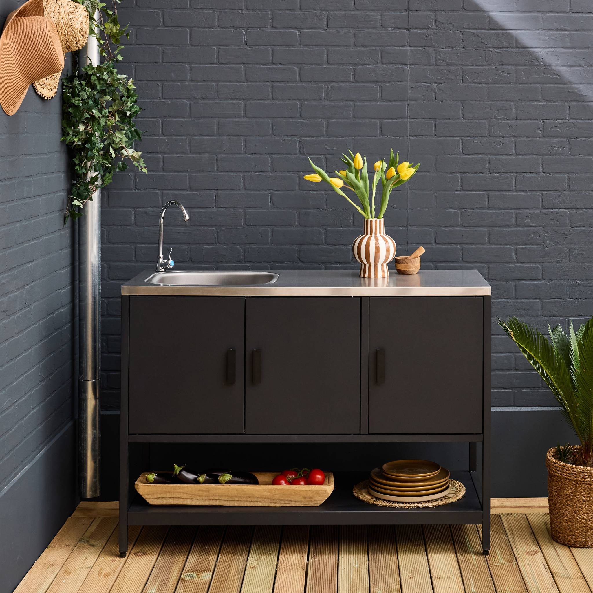 Cozinha externa em aço com pia, 120cm, Naxos, Preto, 120x51x112.5 cm - 2
