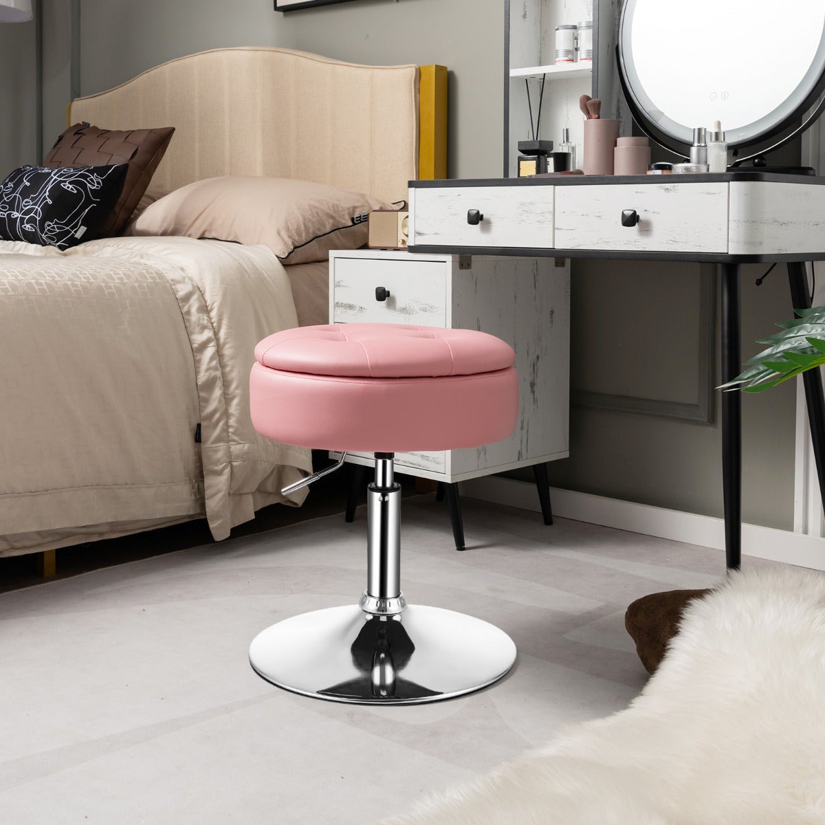 VASAGLE Sgabello da Trucco, Sedia per Toeletta, Regolabile in Altezza, Girevole a 360°, in PU, Seduta Spessa, per Camera da Letto Cucina Sala da Pranzo, Moderno, Grigio Tortora LJB120GD01