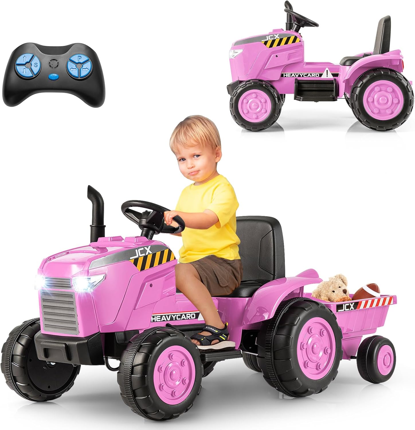 Tracteur électrique Tracteur Electrique Avec Remorque Pour Enfants 3 Vitesses Lumières LED Fonctions Audio USB Et Bluetooth Vert Tracteur 12V Télécommande 2.4G Pour Enfants 3-8 Ans