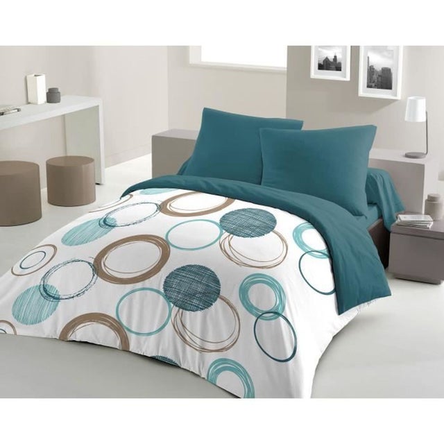 Parure de lit bleu canard 220 x 240 cm + 2 taies d'oreiller 63 x 63 cm - HOME LINGE PASSION