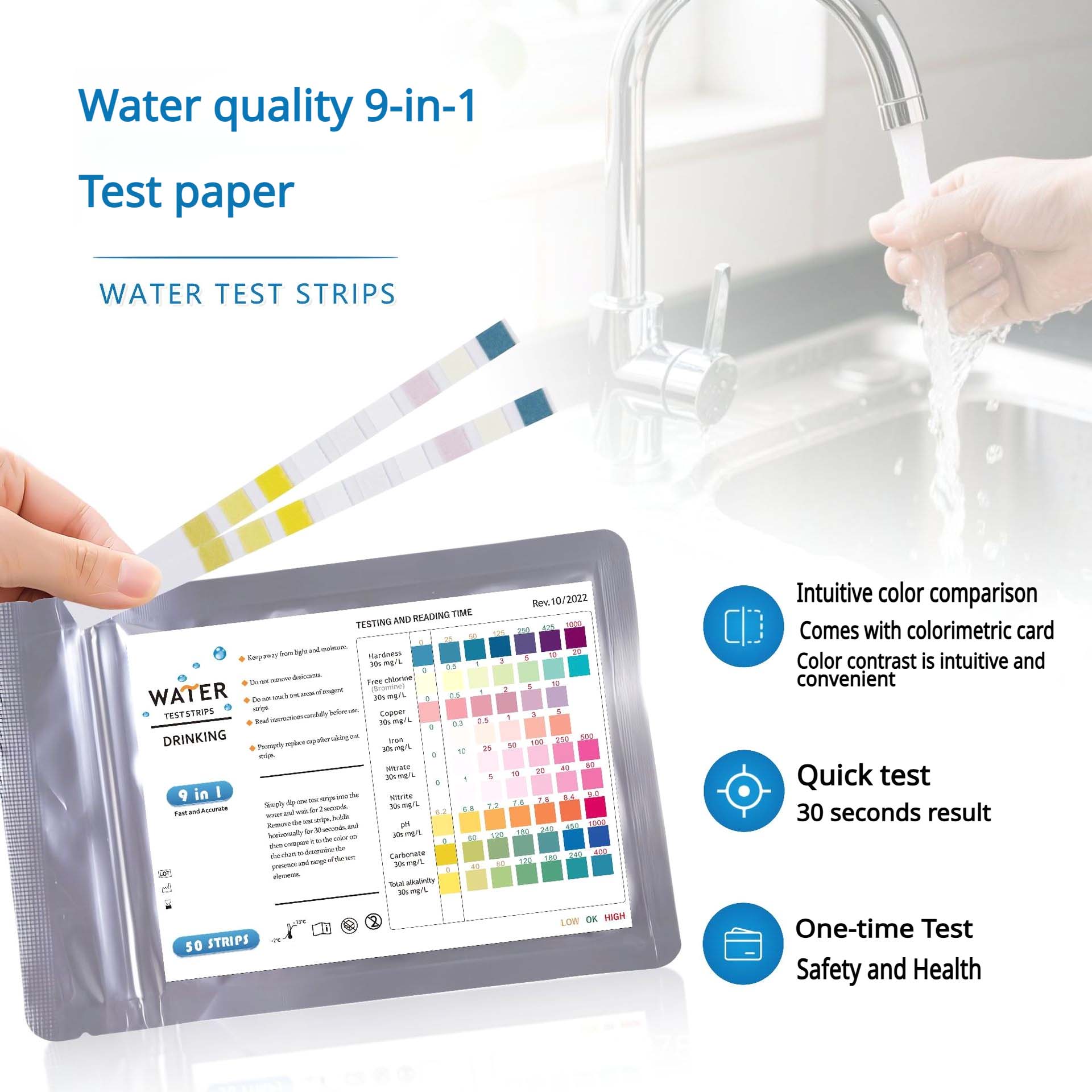 50 bandelettes test 9 en 1 pour piscine, spa et eau potable, mesure pH, chlore, dureté, nitrates, nitrites, fer, carbonates, alcalinité,analyse rapide - 7