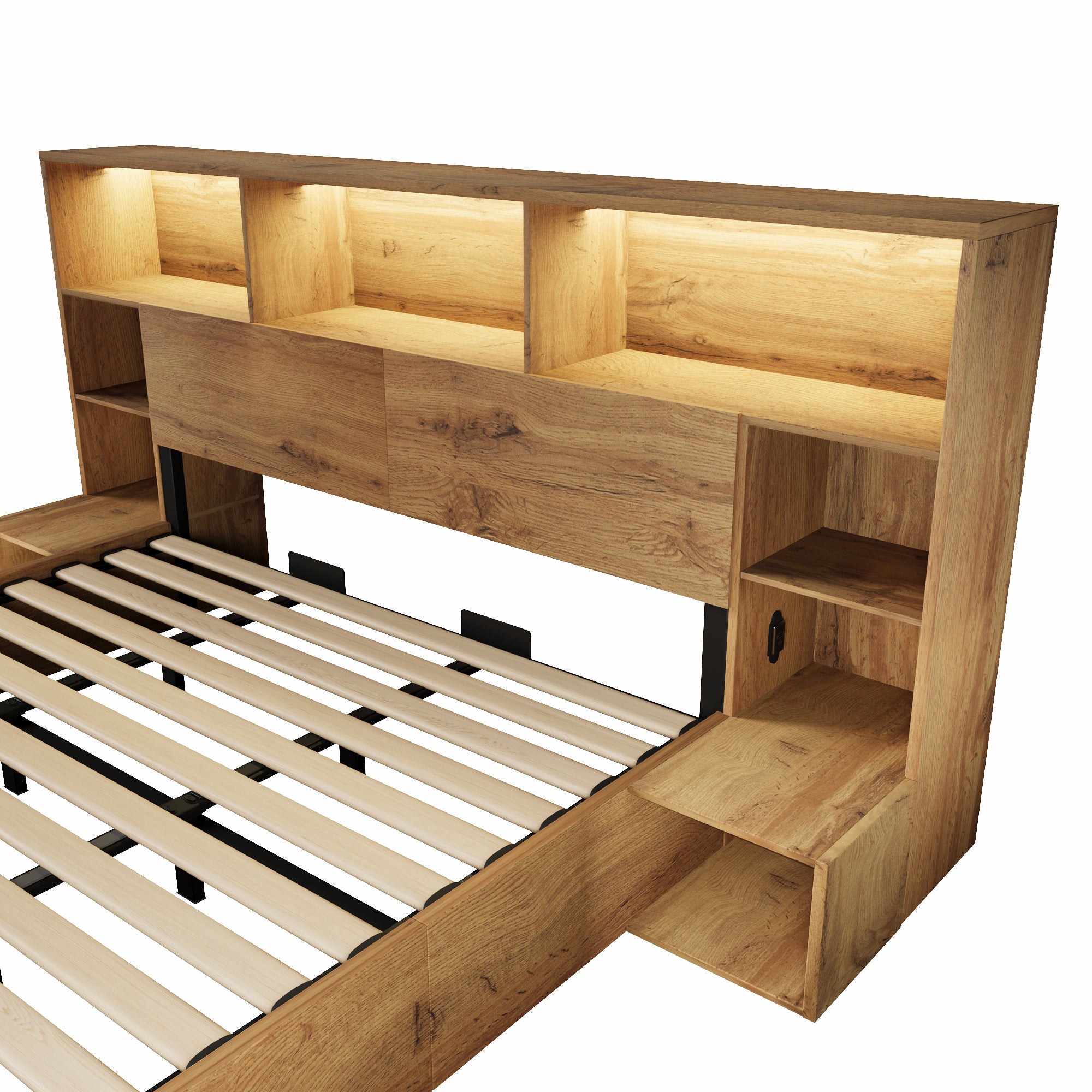 Lit coffre 180x200cm avec LED et USB-C, aspect chêne, lit double avec hydraulique, lit 2 places avec chevets intégrés, Lit en bois sommier à lattes - 8
