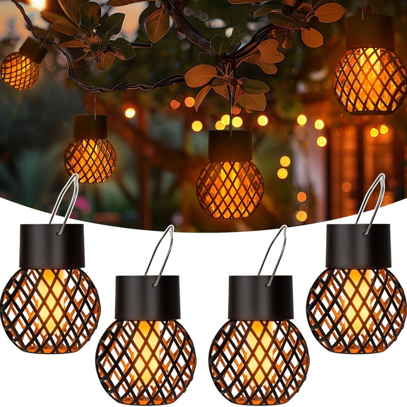 Zestaw 4 lamp solarnych zewnętrznych do zawieszenia - Migoczący płomień - Wodoodporne - Do ogrodu, na dziedziniec, na ogrodzenie, na drzewo