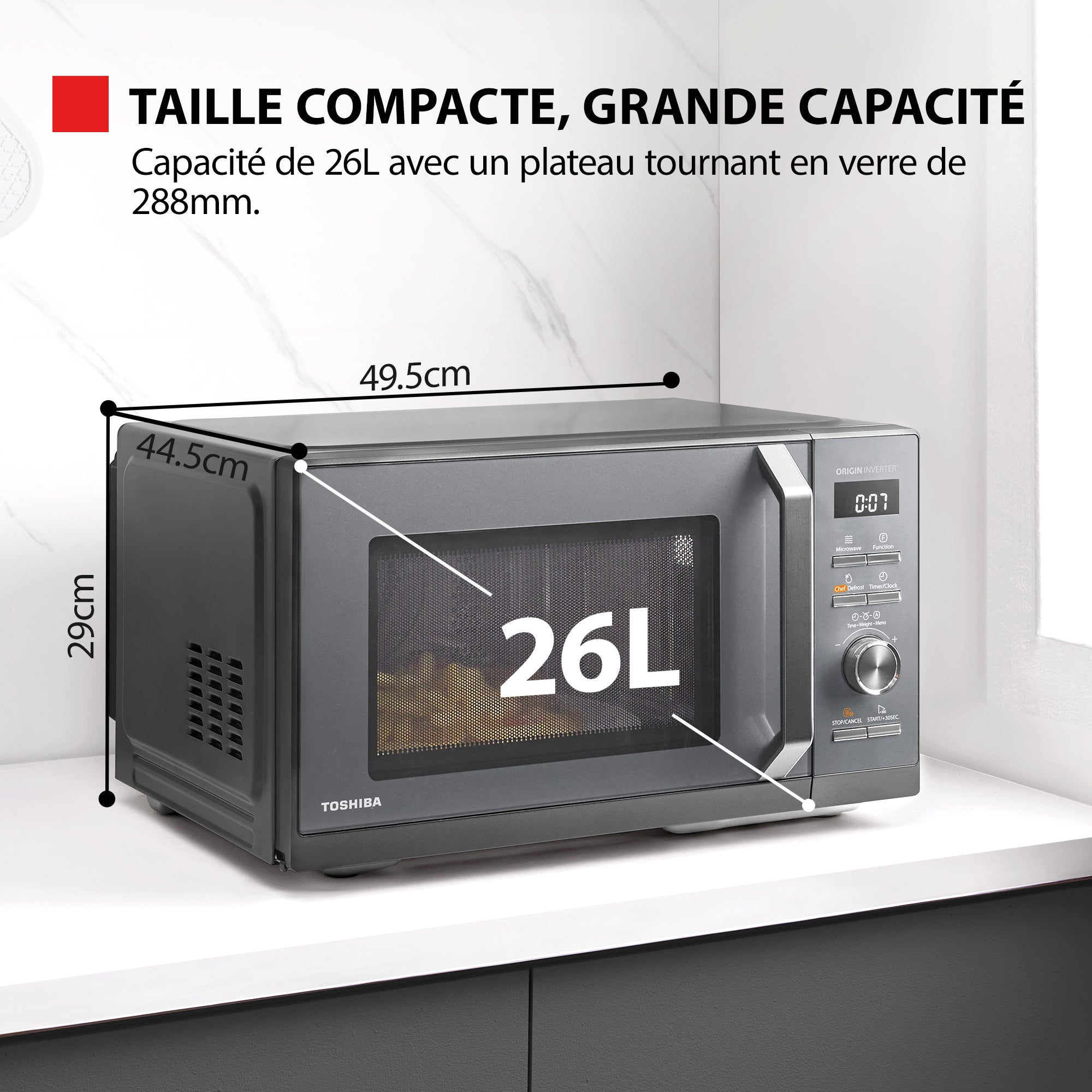 Micro-ondes combiné pose libre TOSHIBA MW3-AC26SFI(MG)-900W+Grill 1000 W+Convection 2100W - Friteuse - 26L - Gris morandi - 9