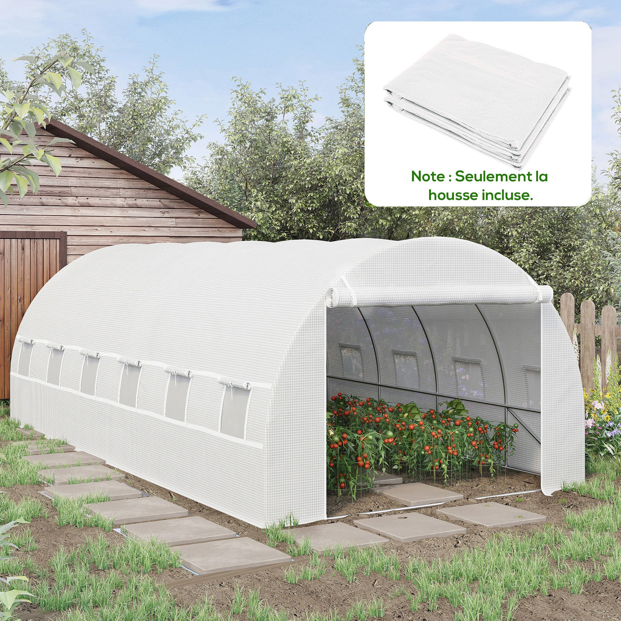 Bâche de Rechange Serre Tunnel 18 m², bâche 6L x 3l x 2H m PE Anti-UV imperméable 12 fenêtres + Porte Enroulable zippée - 3