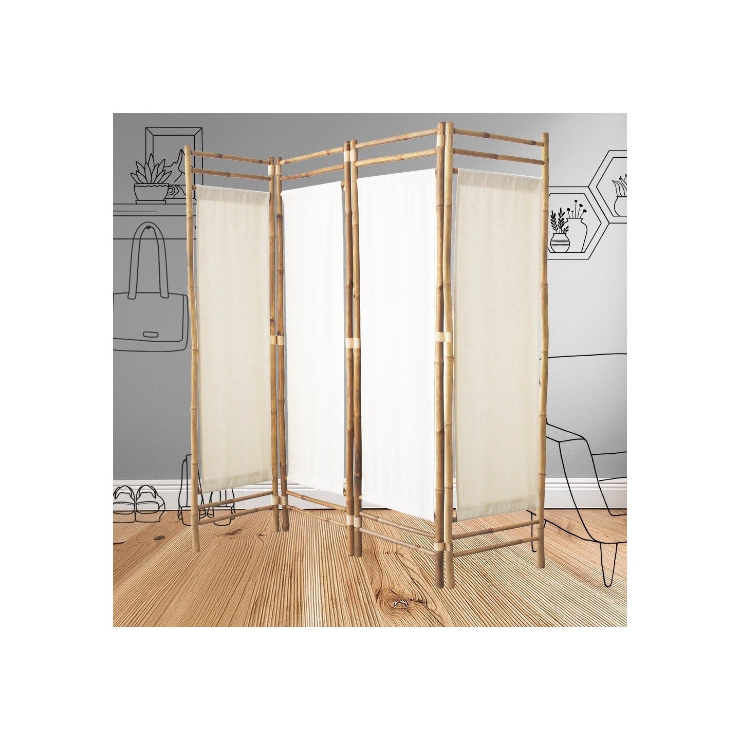 Paravent d'intérieur 4 panneaux en tissu blanc et bambou 160 x 160 cm - 7