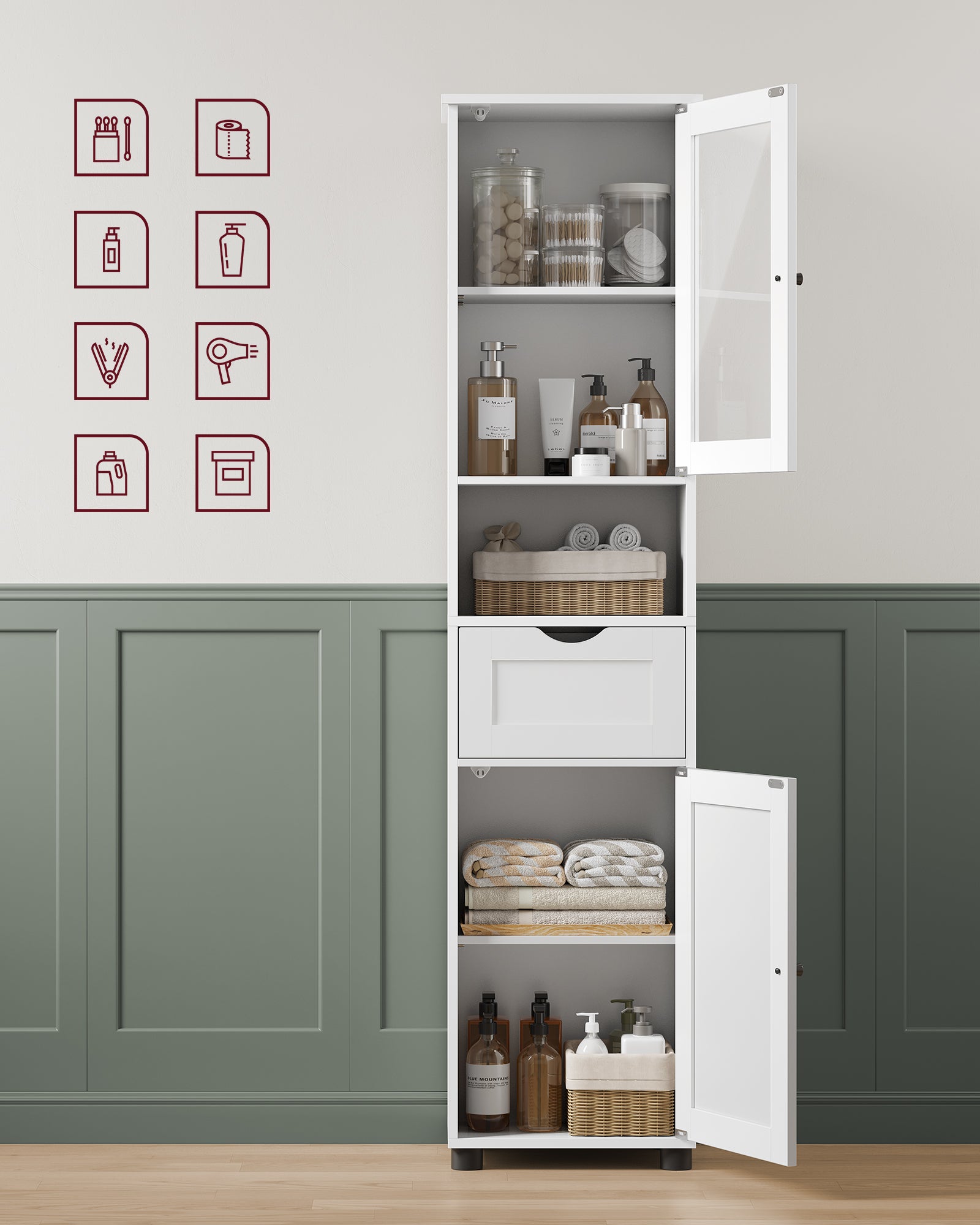 Meuble Salle de Bain, Colonne, Rangement avec Étagères Réglables, Placards à Porte, Tiroir, Compartiment, Gain de Place, Blanc Nuage - 3