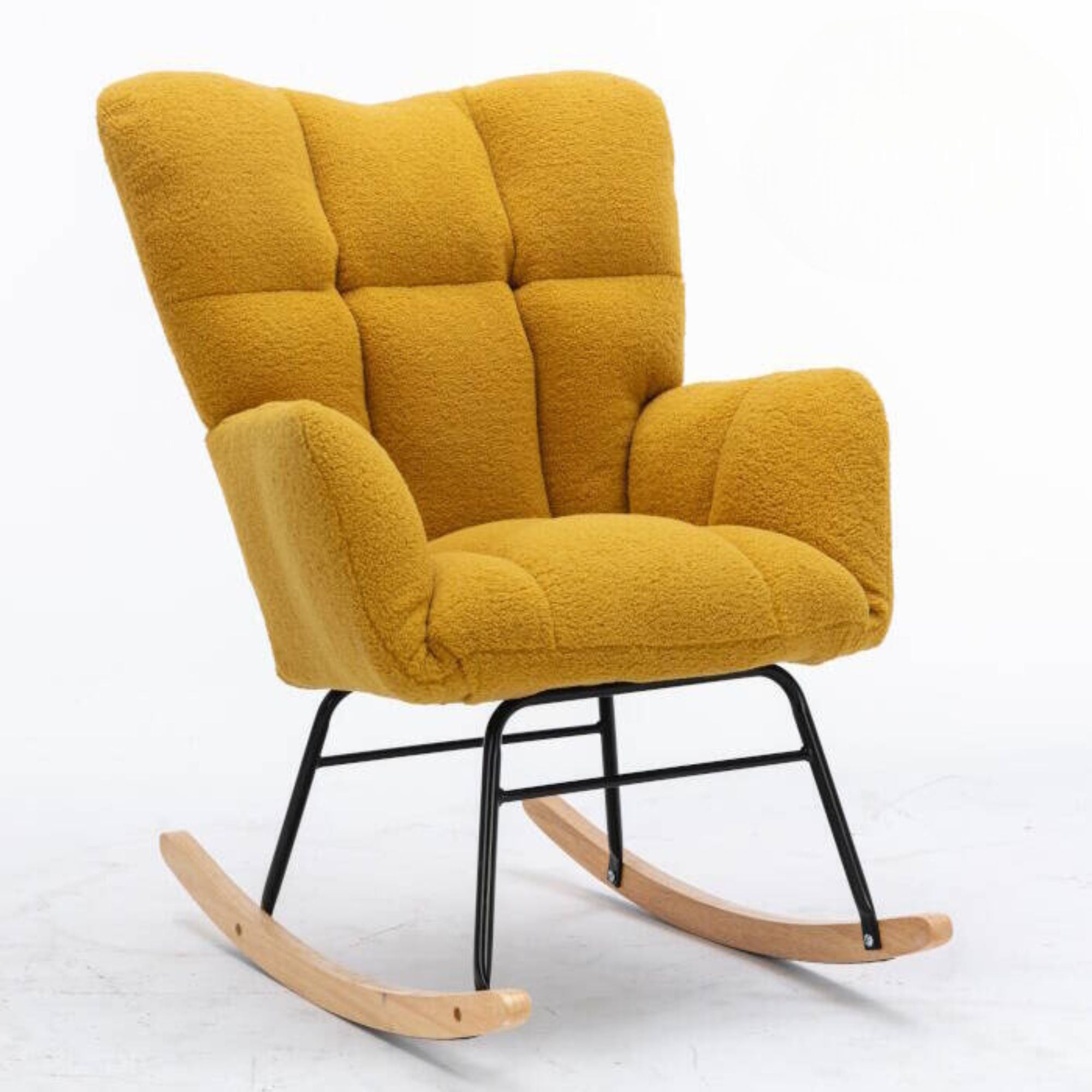 Poltrona de baloiço em tecido teddy mostarda – 69 x 86 x 95,5 cm, capitoné, confortável e elegante