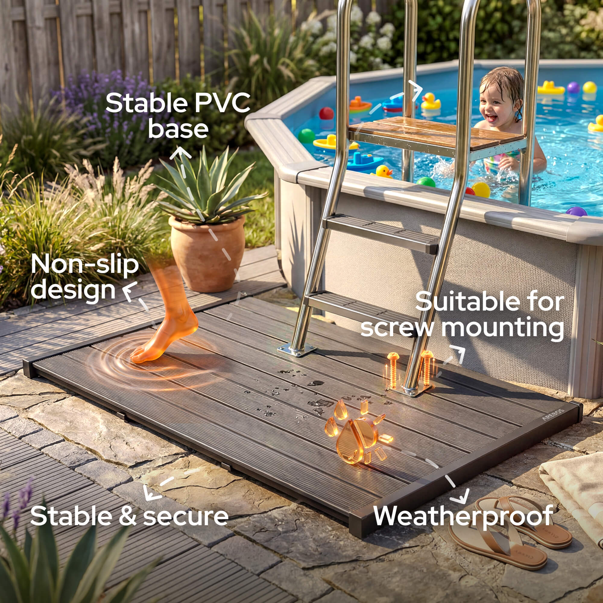 AREBOS dalle de sol pour douche de jardin | antidérapante et hydrofuge | dalle en PVC, résistante aux intempéries et stable - 3