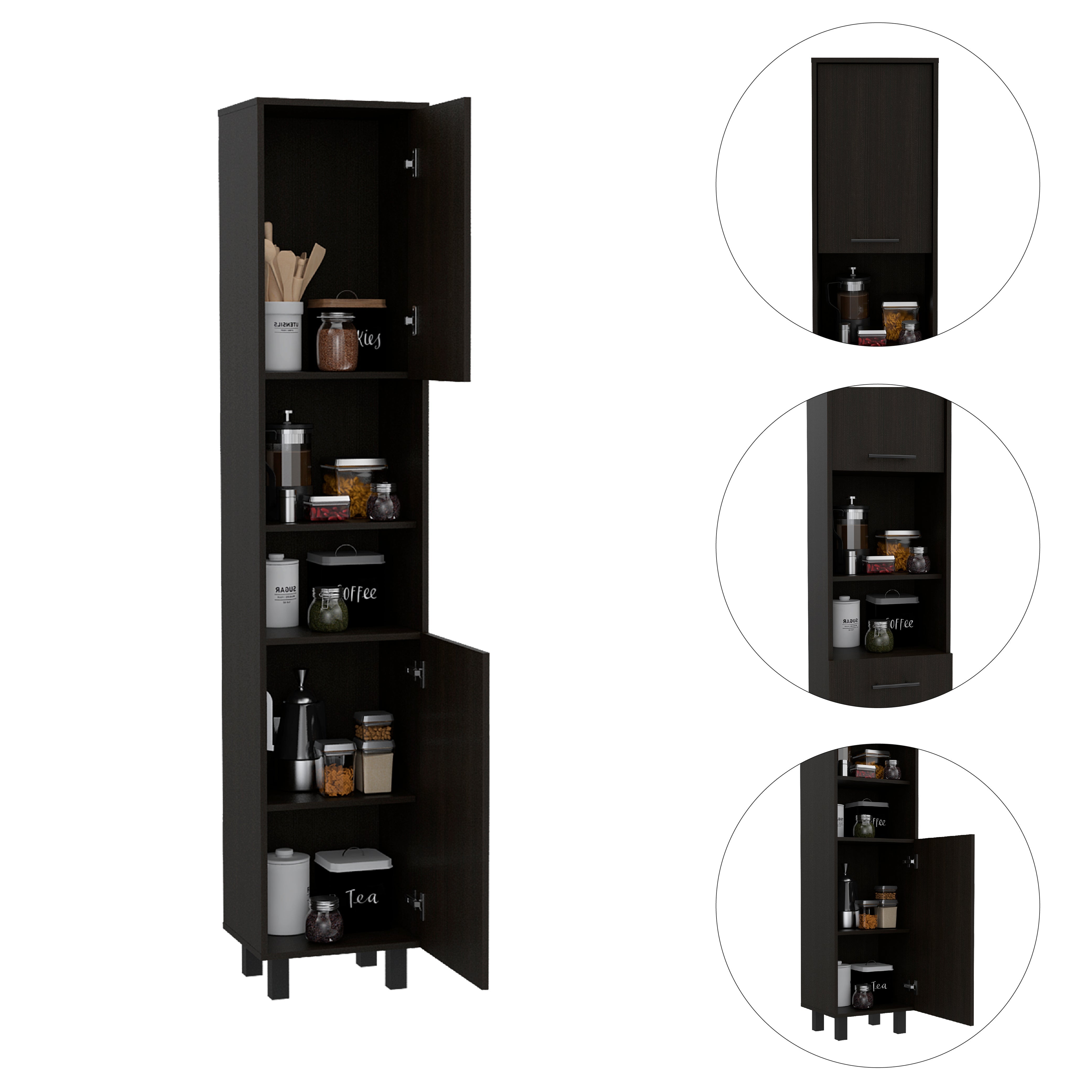 Despensa de cocina Hobart en melamina con 2 puertas y 5 estantes , 202 X 40 X 34.5 cm , Negro - 8