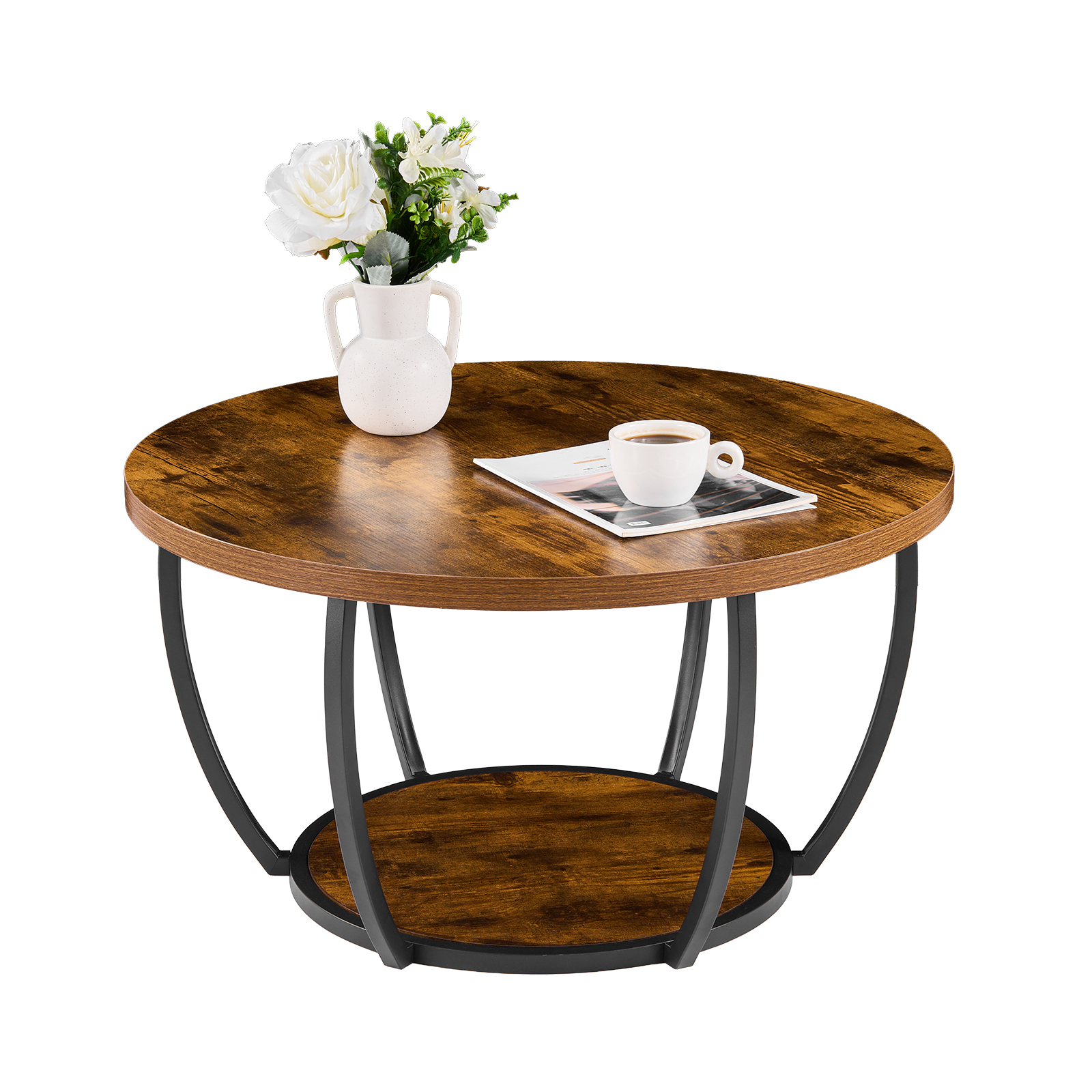 Dwupoziomowy stolik kawowy VEVOR okragly 80 cm z polka metal drewno industrialny do salonu