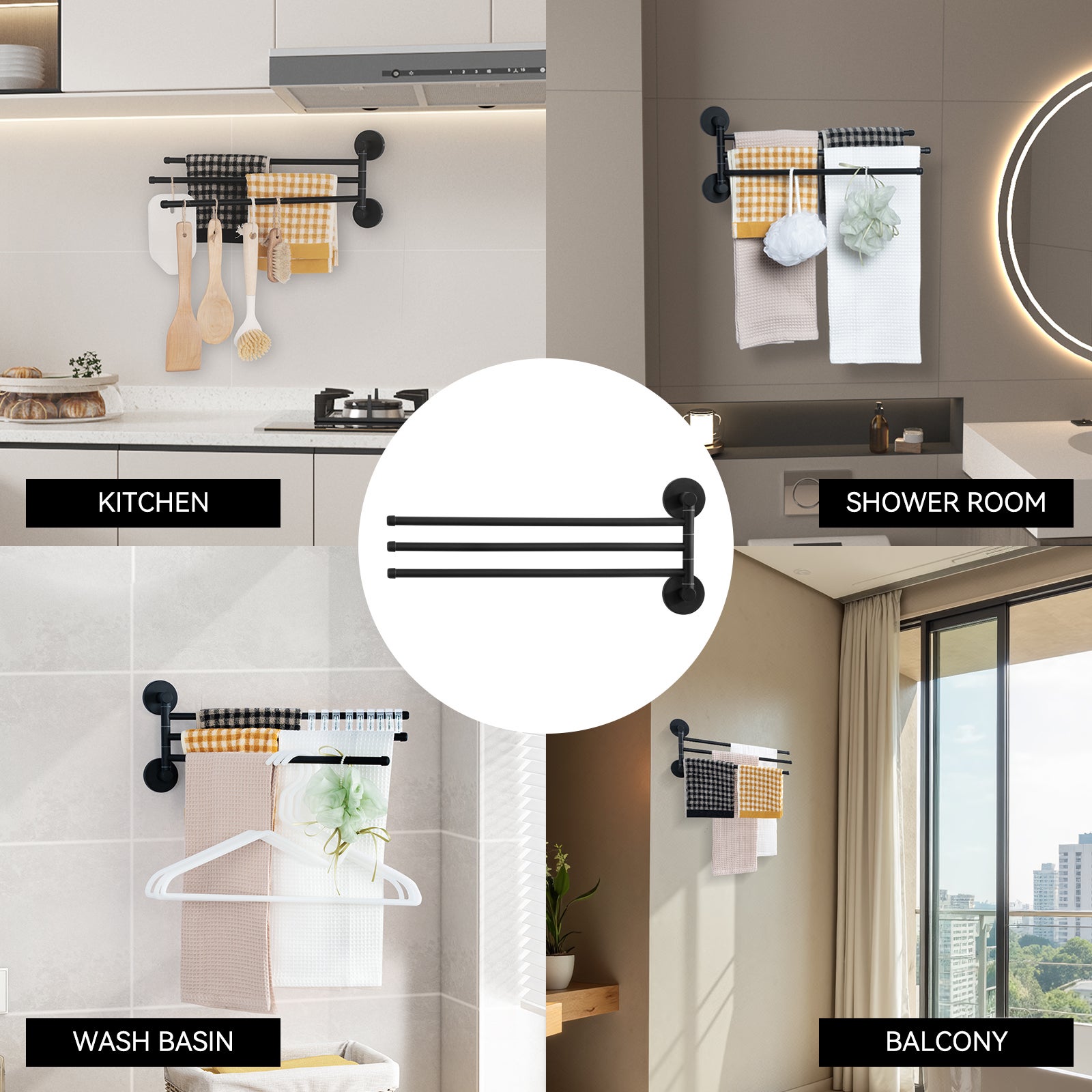 Auralum max Porte-serviettes pivotant à 3 bras,acier inoxydable pour salle bain,porte-serviettes mural peu encombrant,rotation à 180°(Noir) - 6